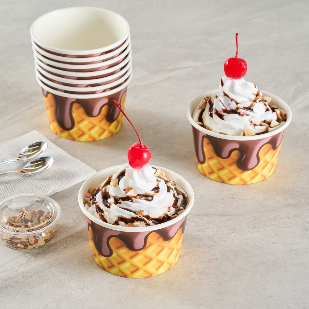 Coppetta 8 oz Round Chocolate Drizzle Paper To Go Cup - 3 3/4" x 3 3/4" x 2 1/4" - 200 count box