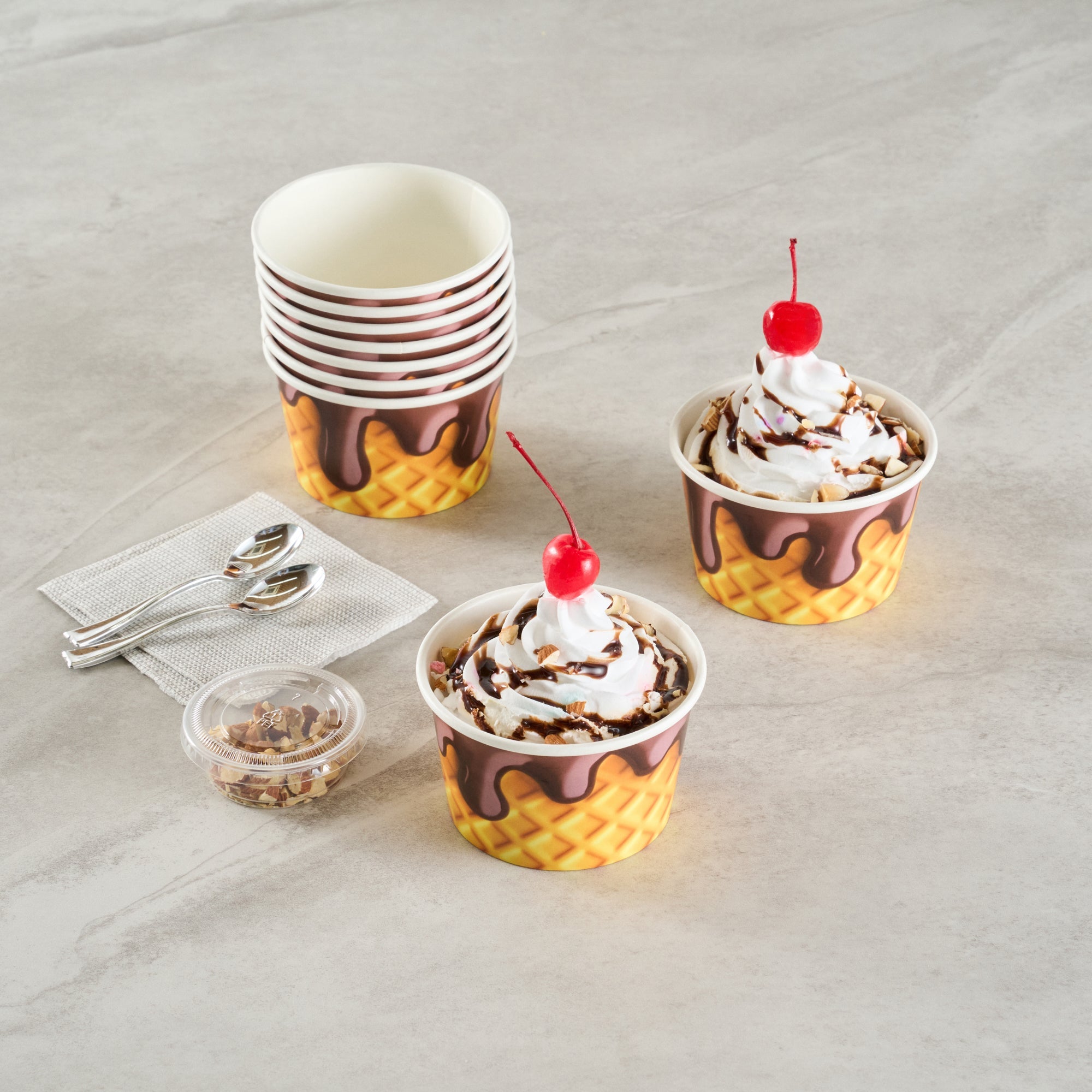 Coppetta 8 oz Round Chocolate Drizzle Paper To Go Cup - 3 3/4" x 3 3/4" x 2 1/4" - 200 count box