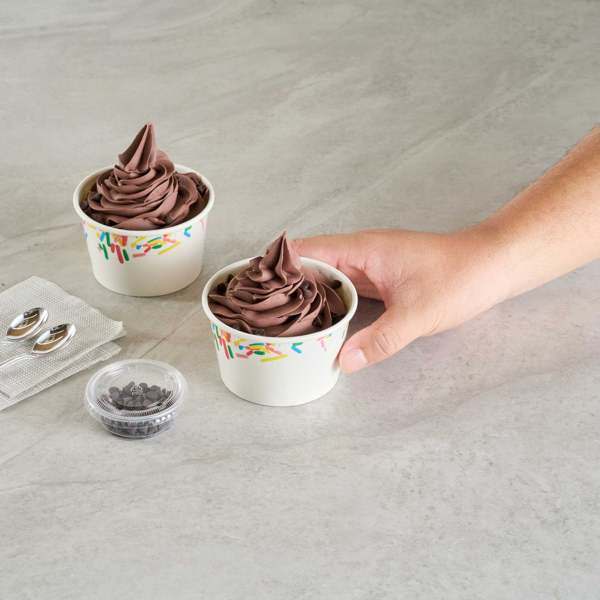 Coppetta 8 oz Round White Paper To Go Cup - with Classic Sprinkles - 3 3/4" x 3 3/4" x 2 1/4" - 50 count box