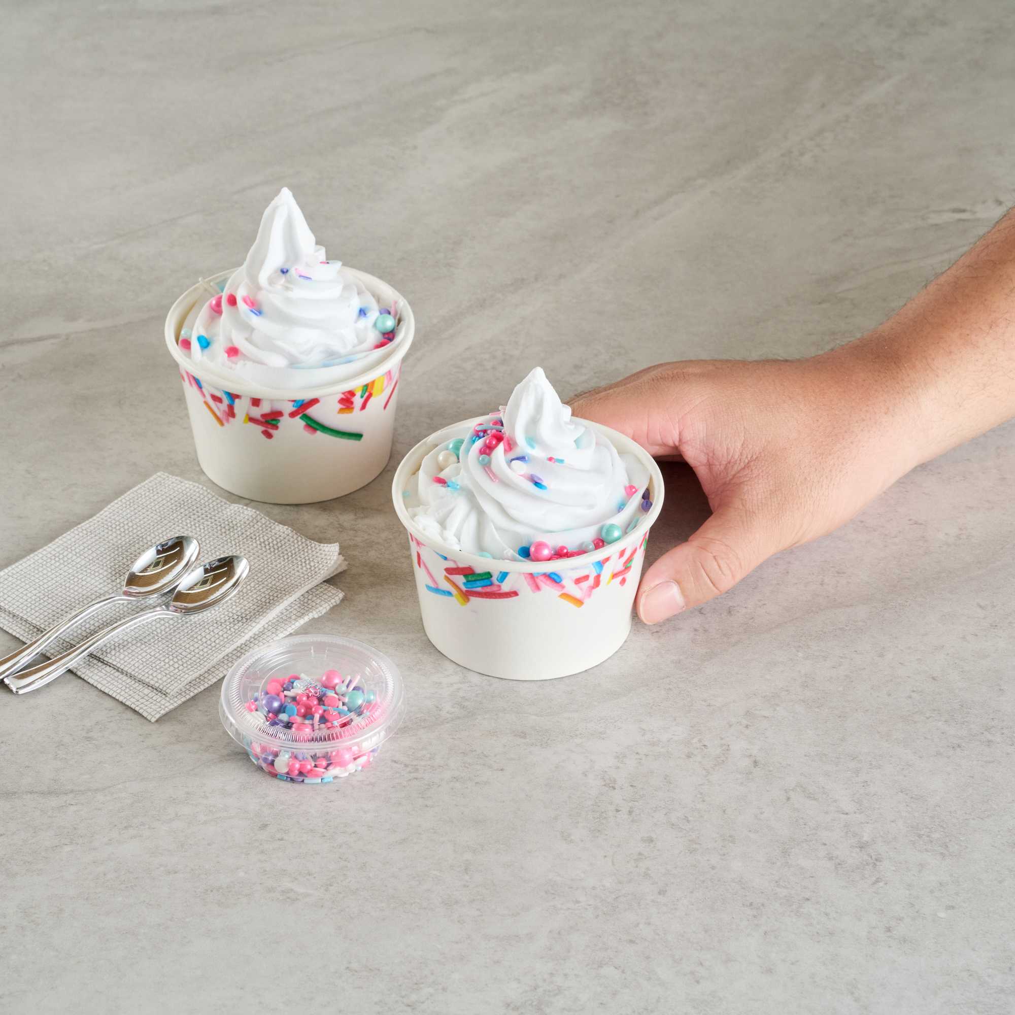 Coppetta 8 oz Round White Paper To Go Cup - with Festive Sprinkles - 3 3/4" x 3 3/4" x 2 1/4" - 50 count box