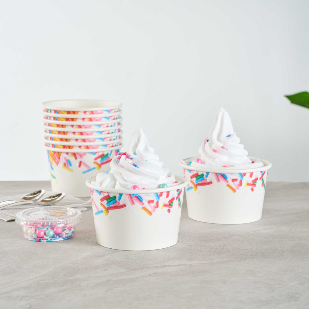 Coppetta 8 oz Round White Paper To Go Cup - with Festive Sprinkles - 3 3/4" x 3 3/4" x 2 1/4" - 50 count box
