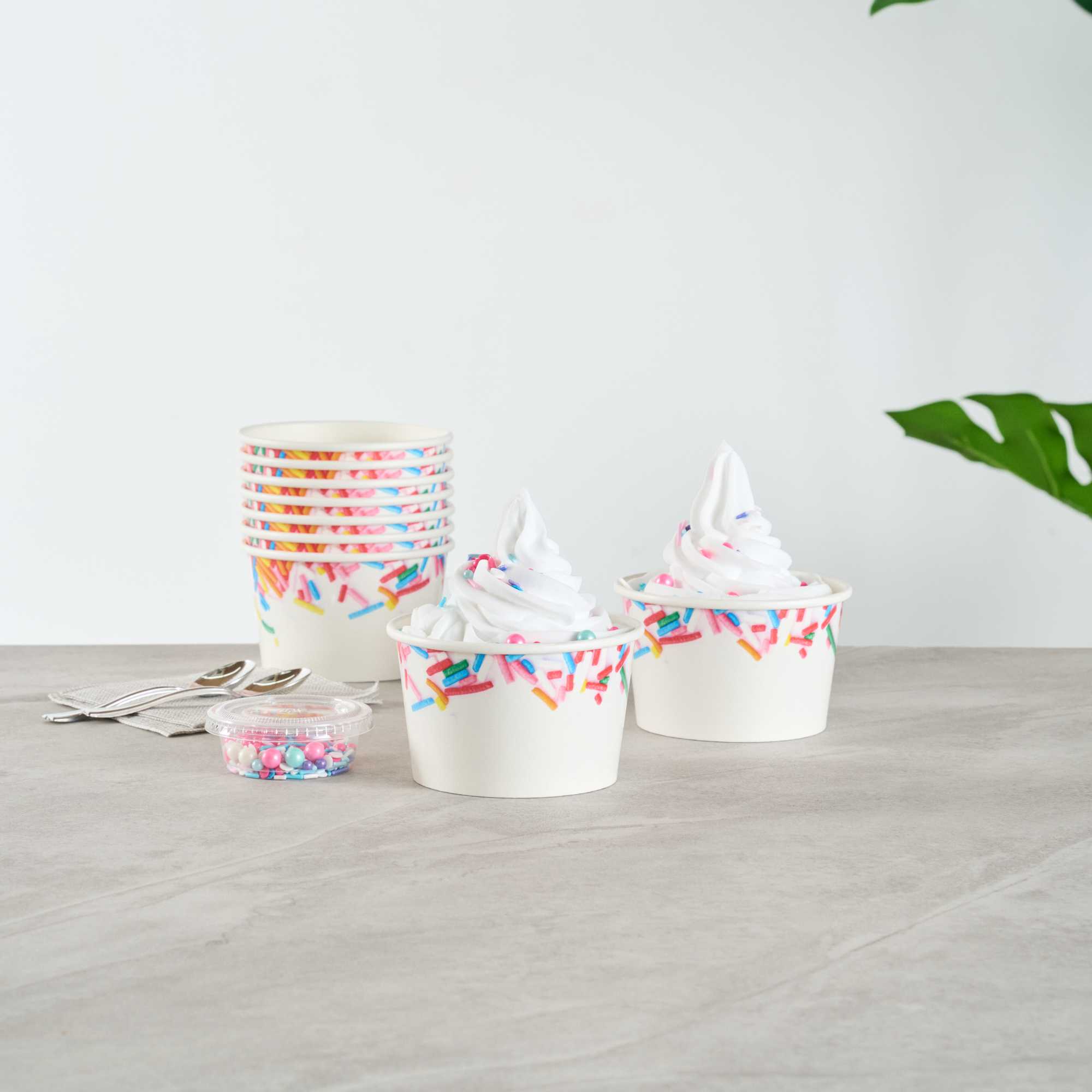 Coppetta 8 oz Round White Paper To Go Cup - with Festive Sprinkles - 3 3/4" x 3 3/4" x 2 1/4" - 50 count box