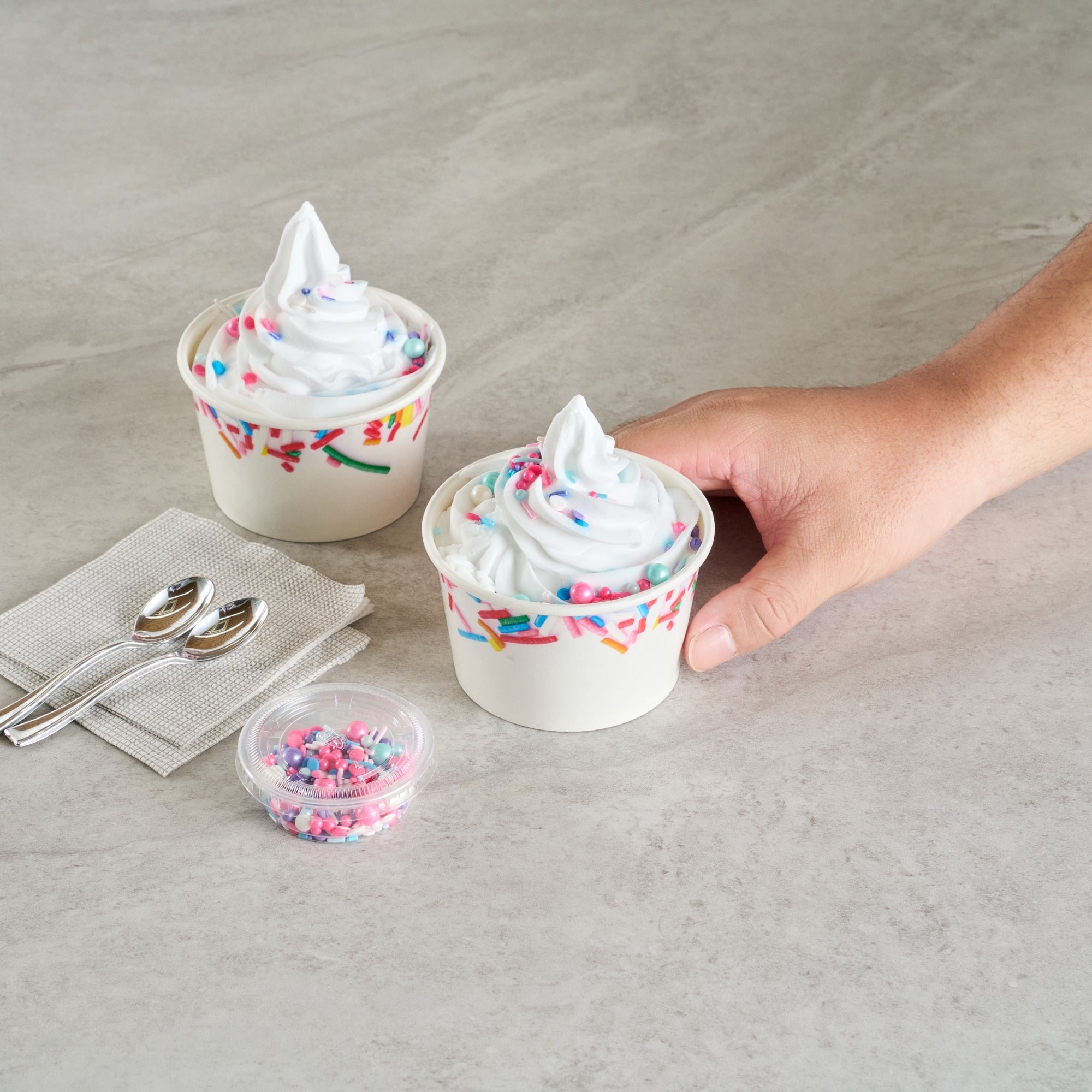 Coppetta 8 oz Round White Paper To Go Cup - with Festive Sprinkles - 3 3/4" x 3 3/4" x 2 1/4" - 200 count box