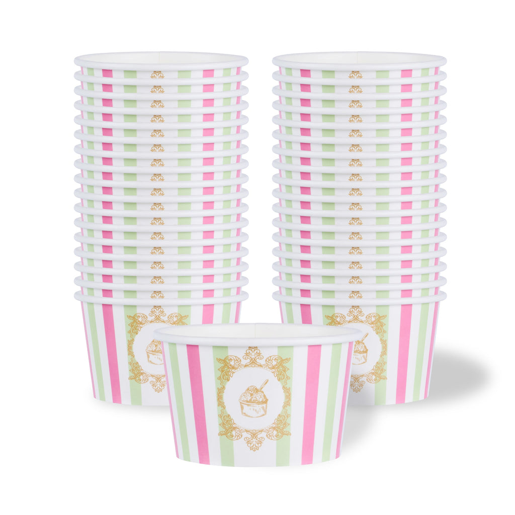 Coppetta 8 oz Round Green And Pink Stripe Paper To Go Cup - 3 3/4" x 3 3/4" x 2 1/4" - 200 count box