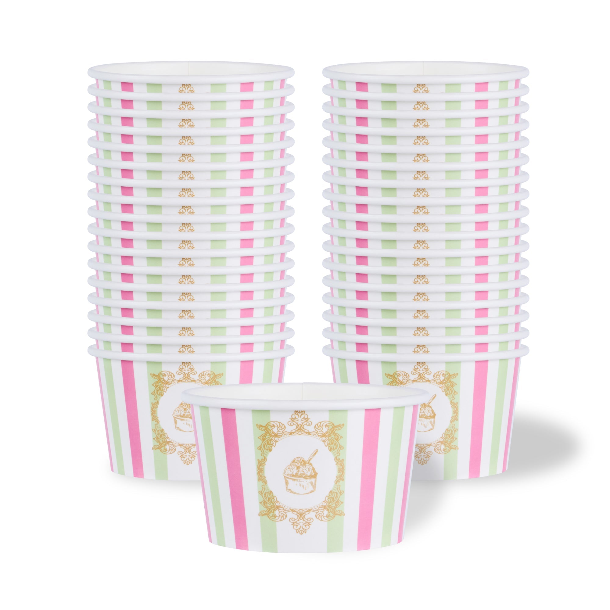 Coppetta 8 oz Round Green And Pink Stripe Paper To Go Cup - 3 3/4" x 3 3/4" x 2 1/4" - 200 count box