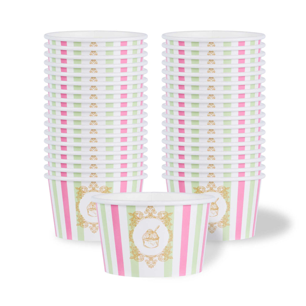 Coppetta 8 oz Round Green And Pink Stripe Paper To Go Cup - 3 3/4" x 3 3/4" x 2 1/4" - 50 count box