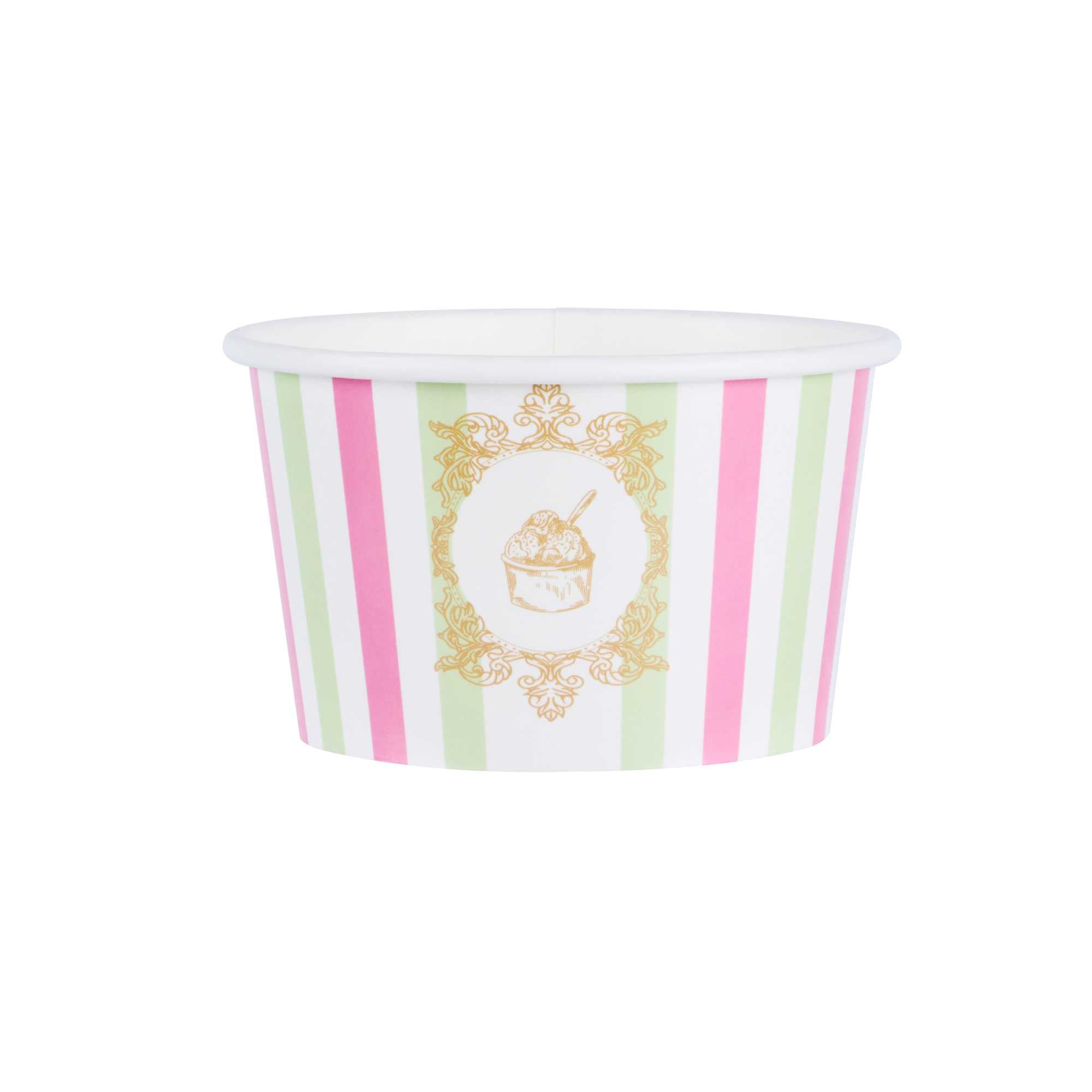 Coppetta 8 oz Round Green And Pink Stripe Paper To Go Cup - 3 3/4" x 3 3/4" x 2 1/4" - 50 count box