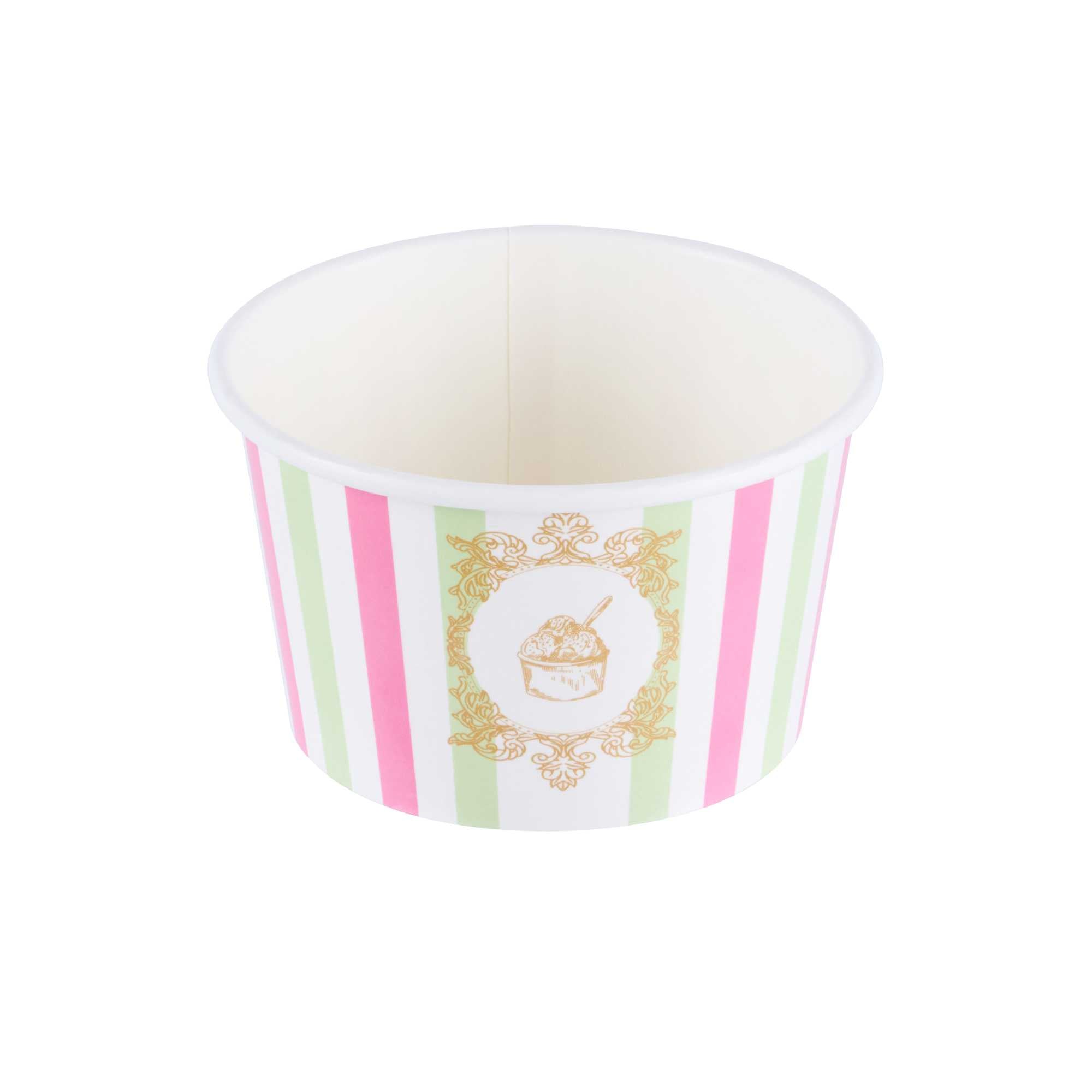 Coppetta 8 oz Round Green And Pink Stripe Paper To Go Cup - 3 3/4" x 3 3/4" x 2 1/4" - 50 count box