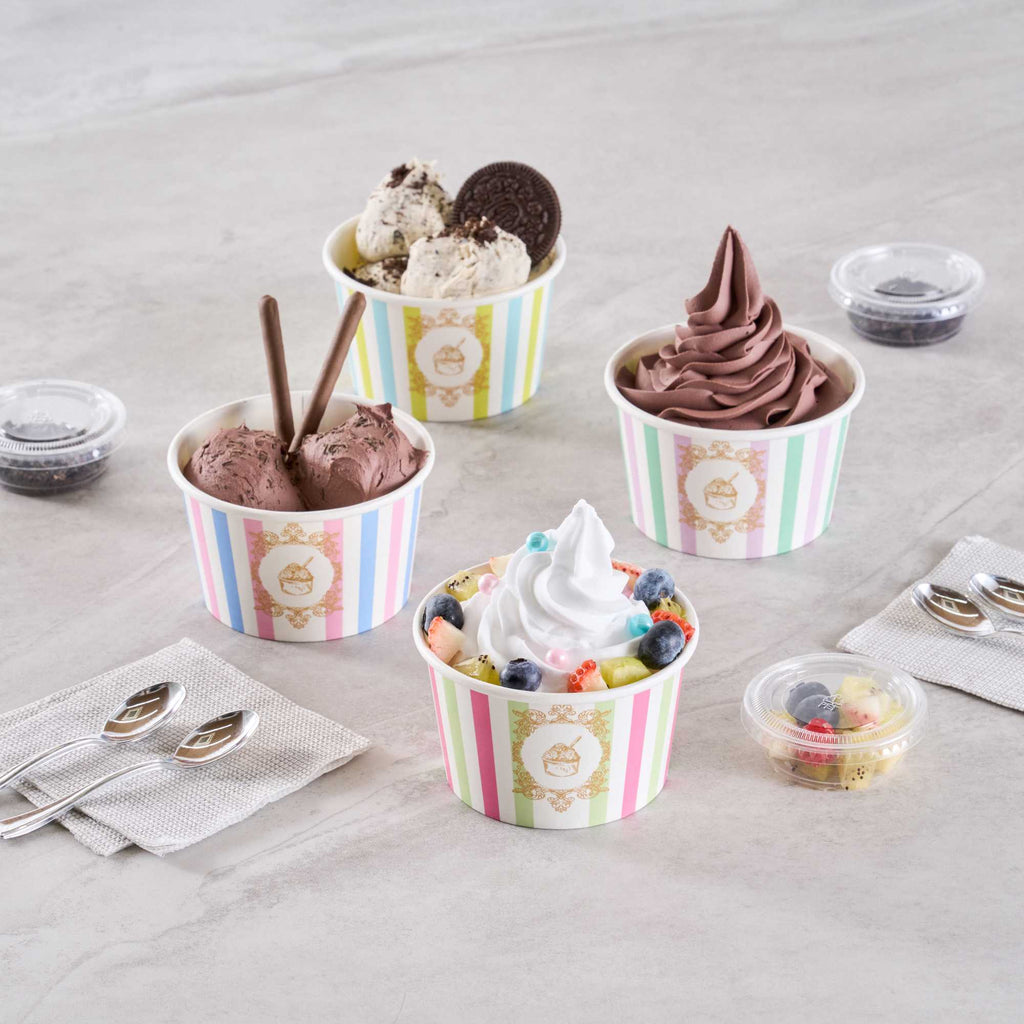 Coppetta 8 oz Round Green And Pink Stripe Paper To Go Cup - 3 3/4" x 3 3/4" x 2 1/4" - 50 count box