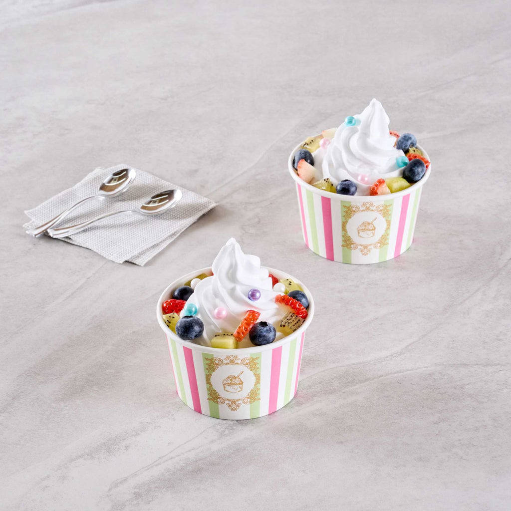 Coppetta 8 oz Round Green And Pink Stripe Paper To Go Cup - 3 3/4" x 3 3/4" x 2 1/4" - 50 count box