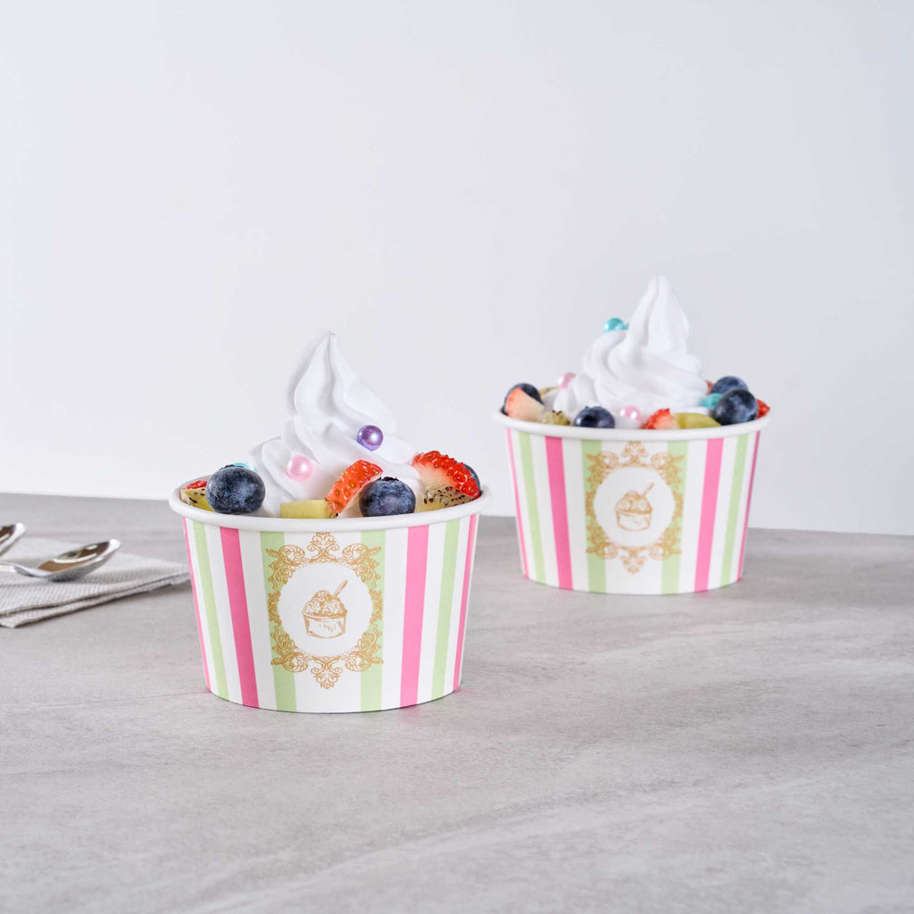 Coppetta 8 oz Round Green And Pink Stripe Paper To Go Cup - 3 3/4" x 3 3/4" x 2 1/4" - 50 count box