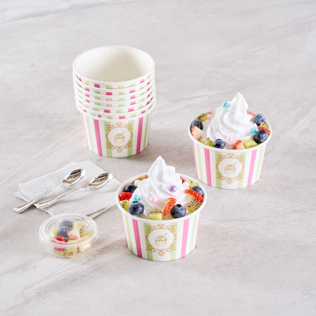 Coppetta 8 oz Round Green And Pink Stripe Paper To Go Cup - 3 3/4" x 3 3/4" x 2 1/4" - 50 count box