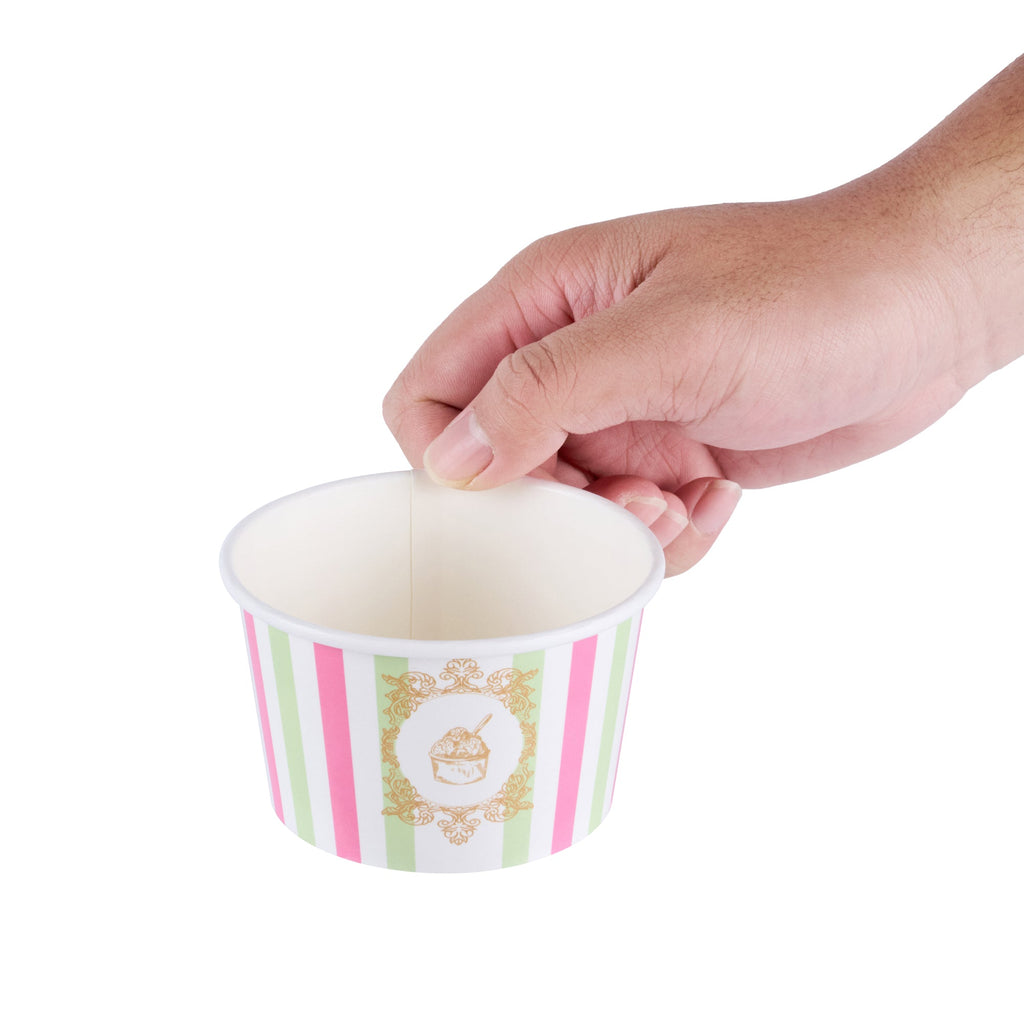 Coppetta 8 oz Round Green And Pink Stripe Paper To Go Cup - 3 3/4" x 3 3/4" x 2 1/4" - 200 count box