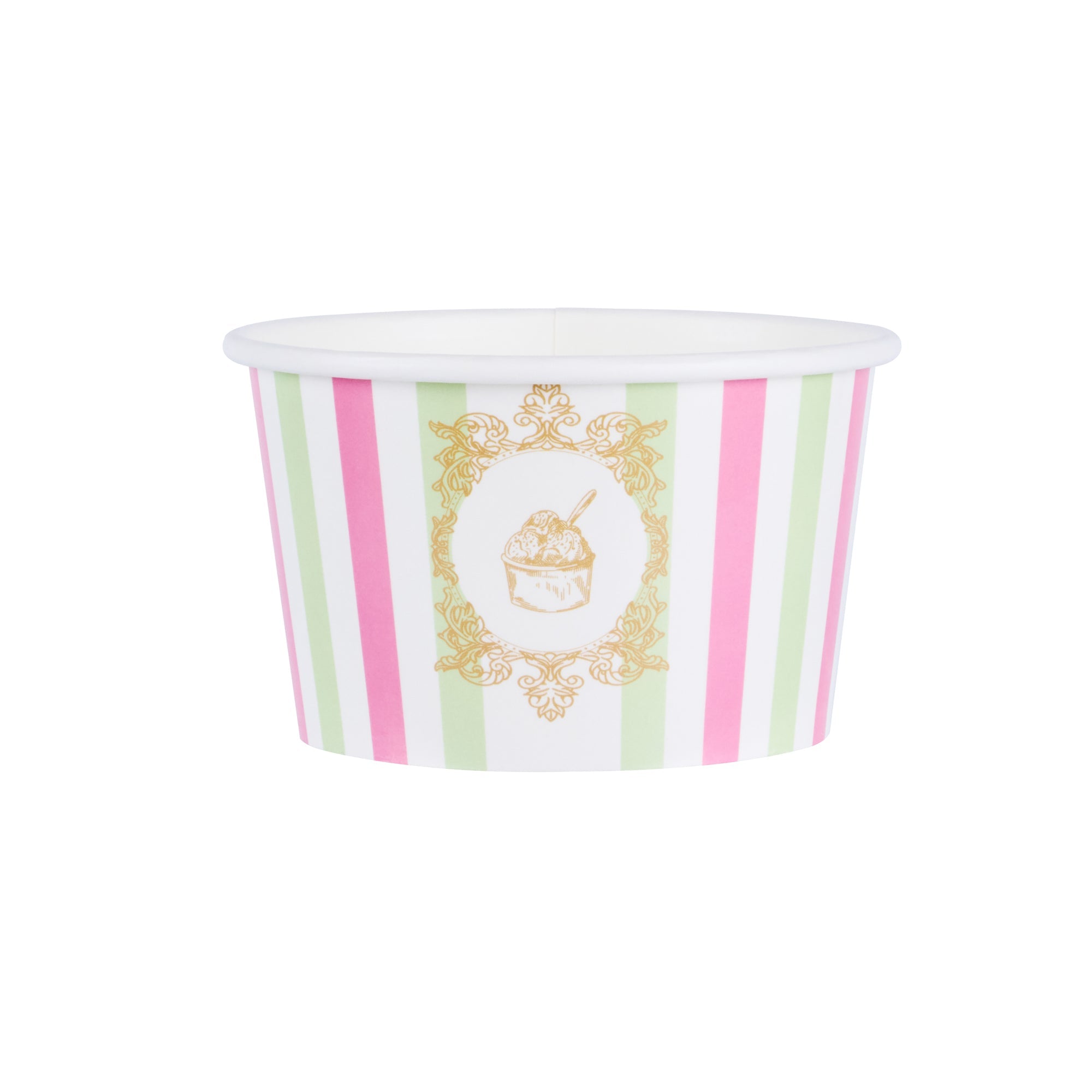 Coppetta 8 oz Round Green And Pink Stripe Paper To Go Cup - 3 3/4" x 3 3/4" x 2 1/4" - 200 count box