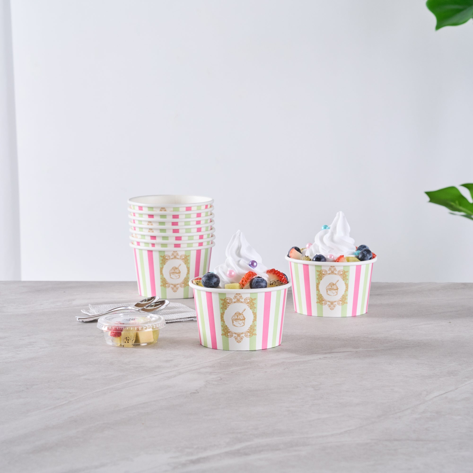Coppetta 8 oz Round Green And Pink Stripe Paper To Go Cup - 3 3/4" x 3 3/4" x 2 1/4" - 200 count box