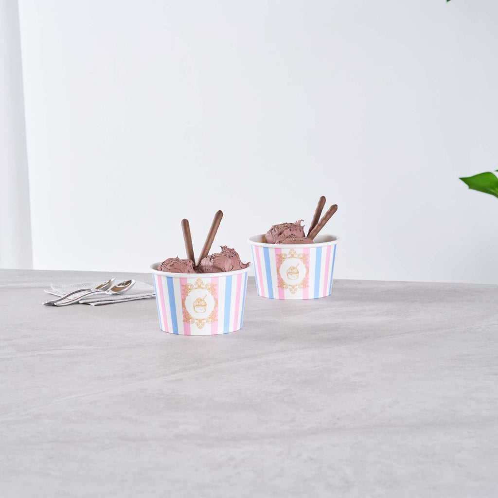 Coppetta 8 oz Round Pink And Blue Stripe Paper To Go Cup - 3 3/4" x 3 3/4" x 2 1/4" - 50 count box