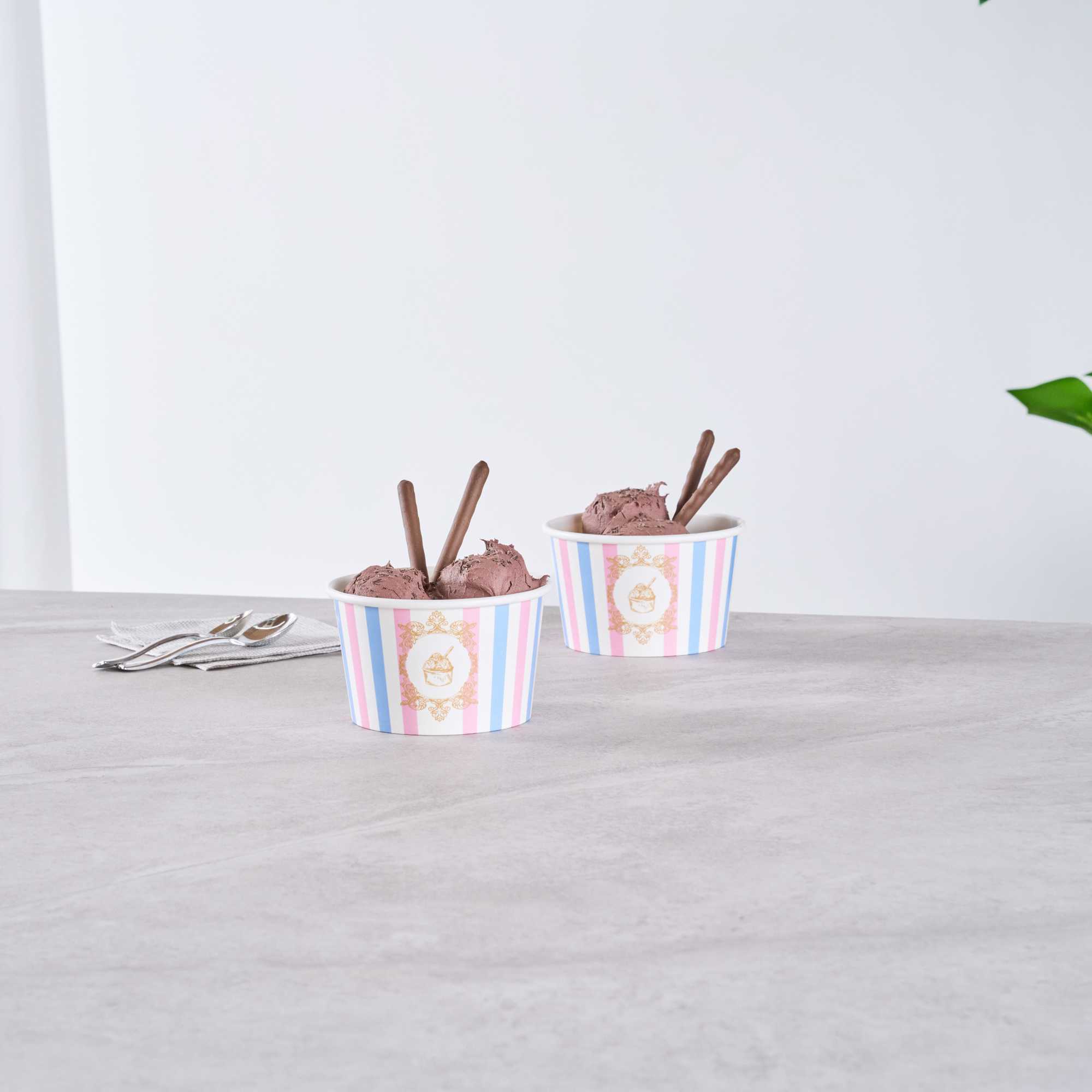 Coppetta 8 oz Round Pink And Blue Stripe Paper To Go Cup - 3 3/4" x 3 3/4" x 2 1/4" - 50 count box