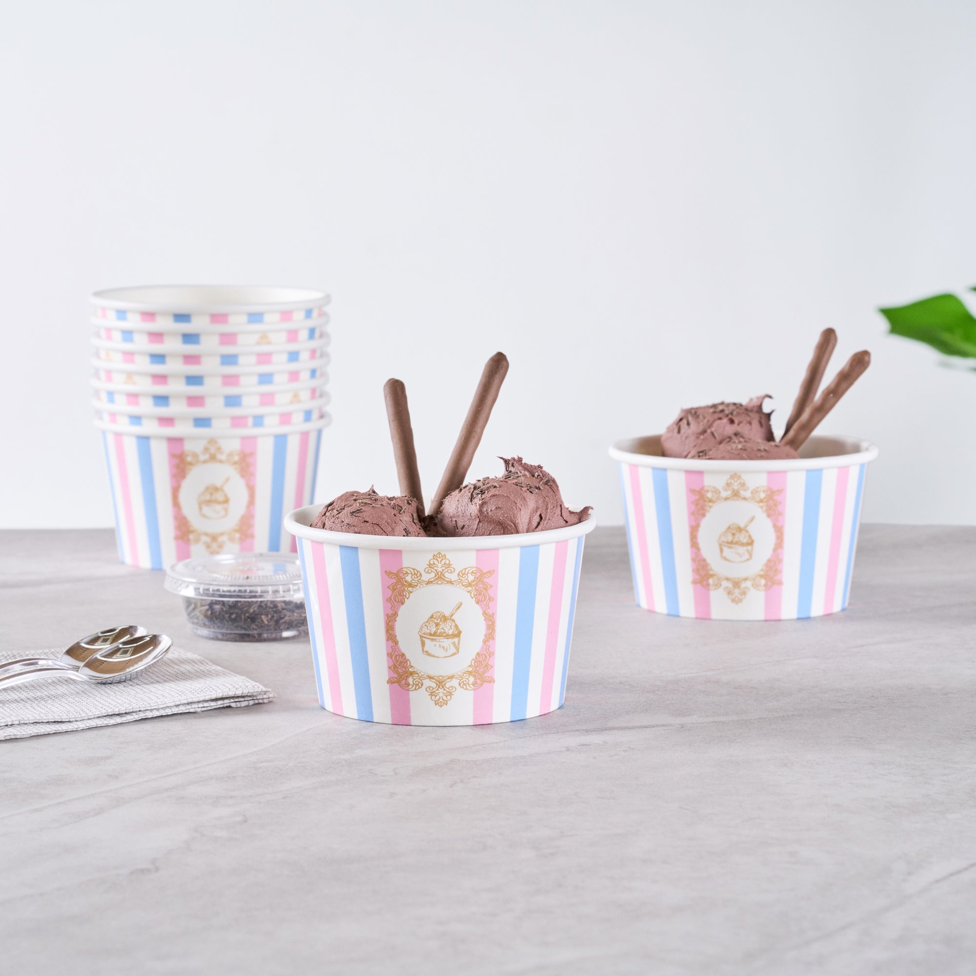 Coppetta 8 oz Round Pink And Blue Stripe Paper To Go Cup - 3 3/4" x 3 3/4" x 2 1/4" - 200 count box