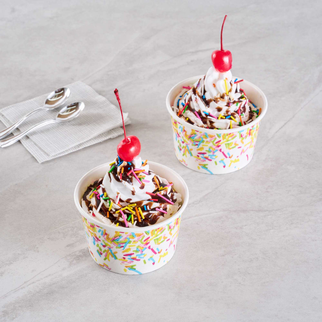 Coppetta 8 oz Round White Paper To Go Cup - with Party Sprinkles - 3 3/4" x 3 3/4" x 2 1/4" - 50 count box