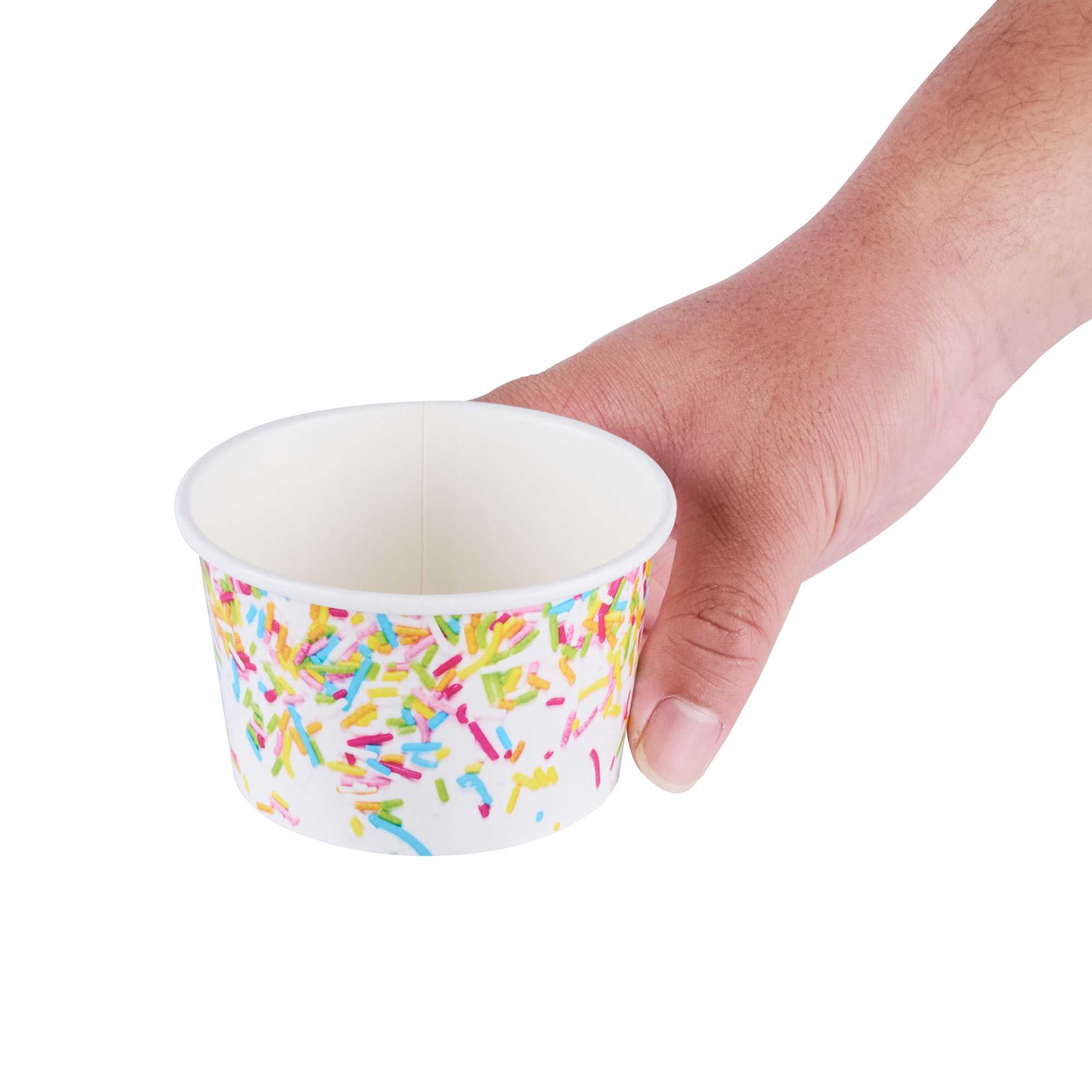 Coppetta 8 oz Round White Paper To Go Cup - with Party Sprinkles - 3 3/4" x 3 3/4" x 2 1/4" - 50 count box