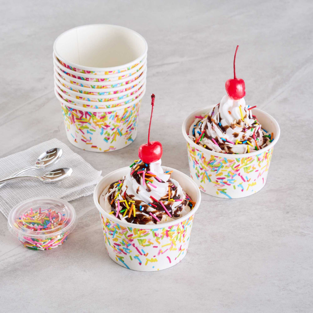 Coppetta 8 oz Round White Paper To Go Cup - with Party Sprinkles - 3 3/4" x 3 3/4" x 2 1/4" - 50 count box
