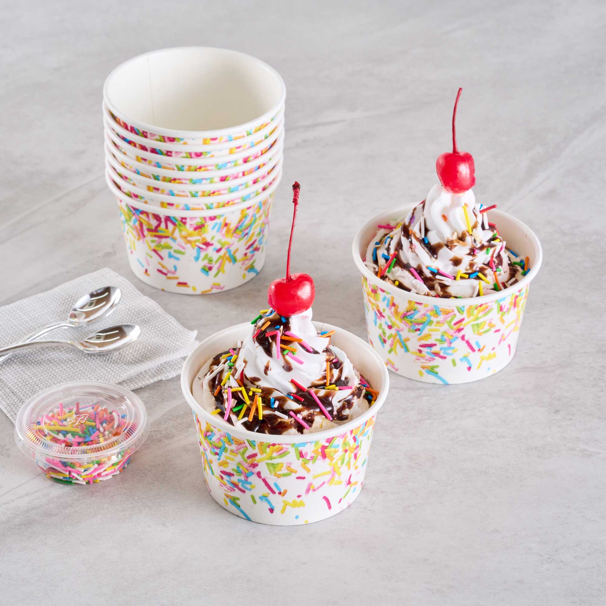 Coppetta 8 oz Round White Paper To Go Cup - with Party Sprinkles - 3 3/4" x 3 3/4" x 2 1/4" - 50 count box