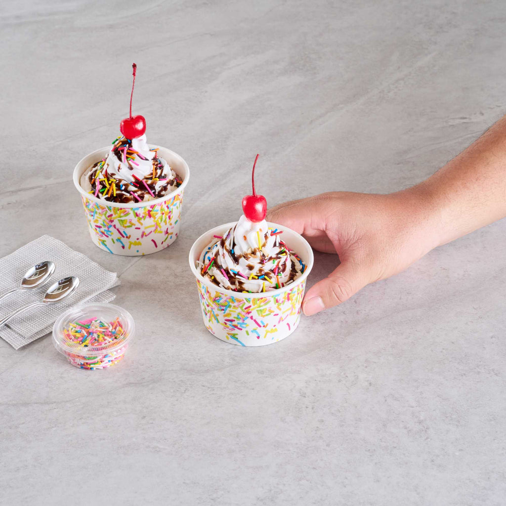 Coppetta 8 oz Round White Paper To Go Cup - with Party Sprinkles - 3 3/4" x 3 3/4" x 2 1/4" - 50 count box