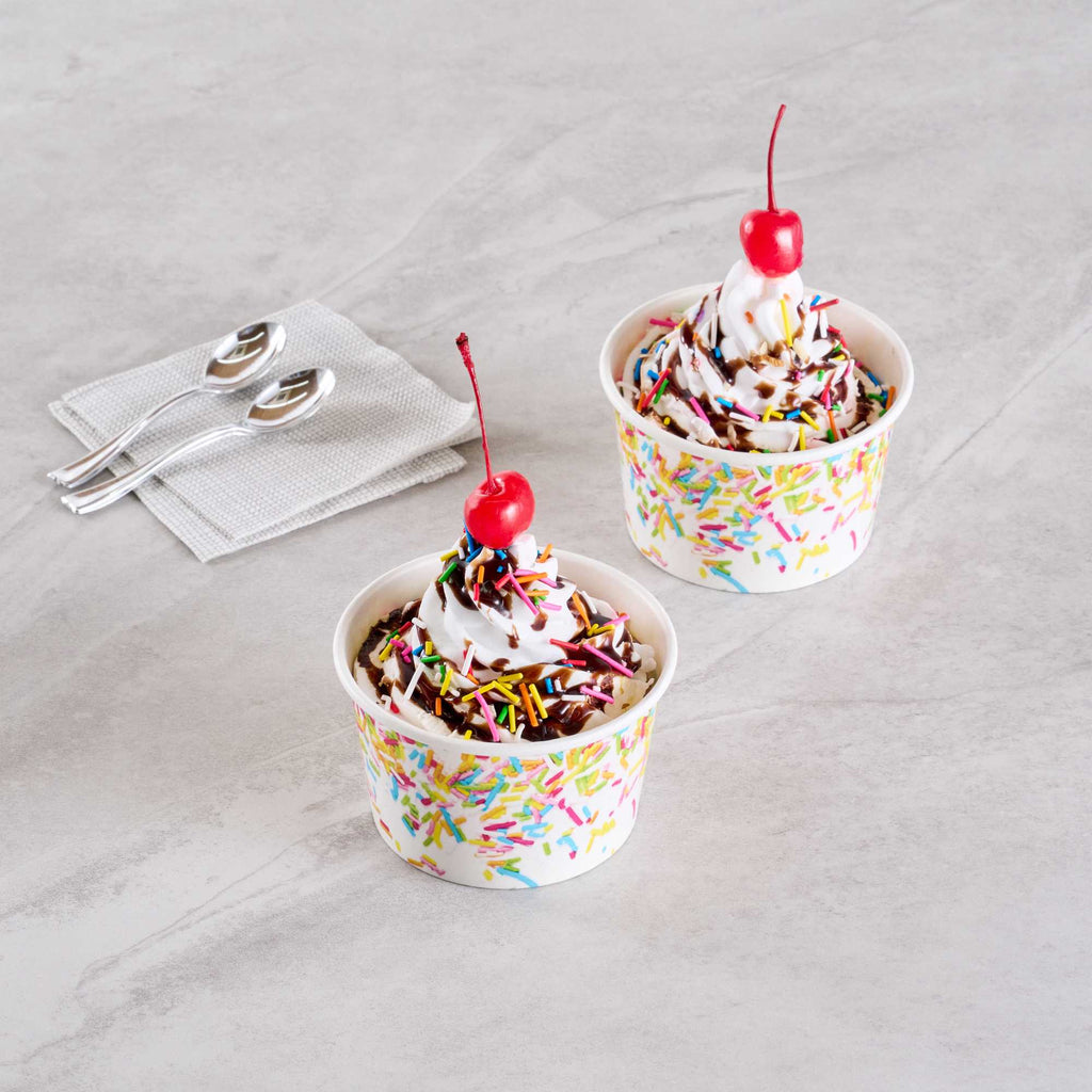 Coppetta 8 oz Round White Paper To Go Cup - with Party Sprinkles - 3 3/4" x 3 3/4" x 2 1/4" - 50 count box
