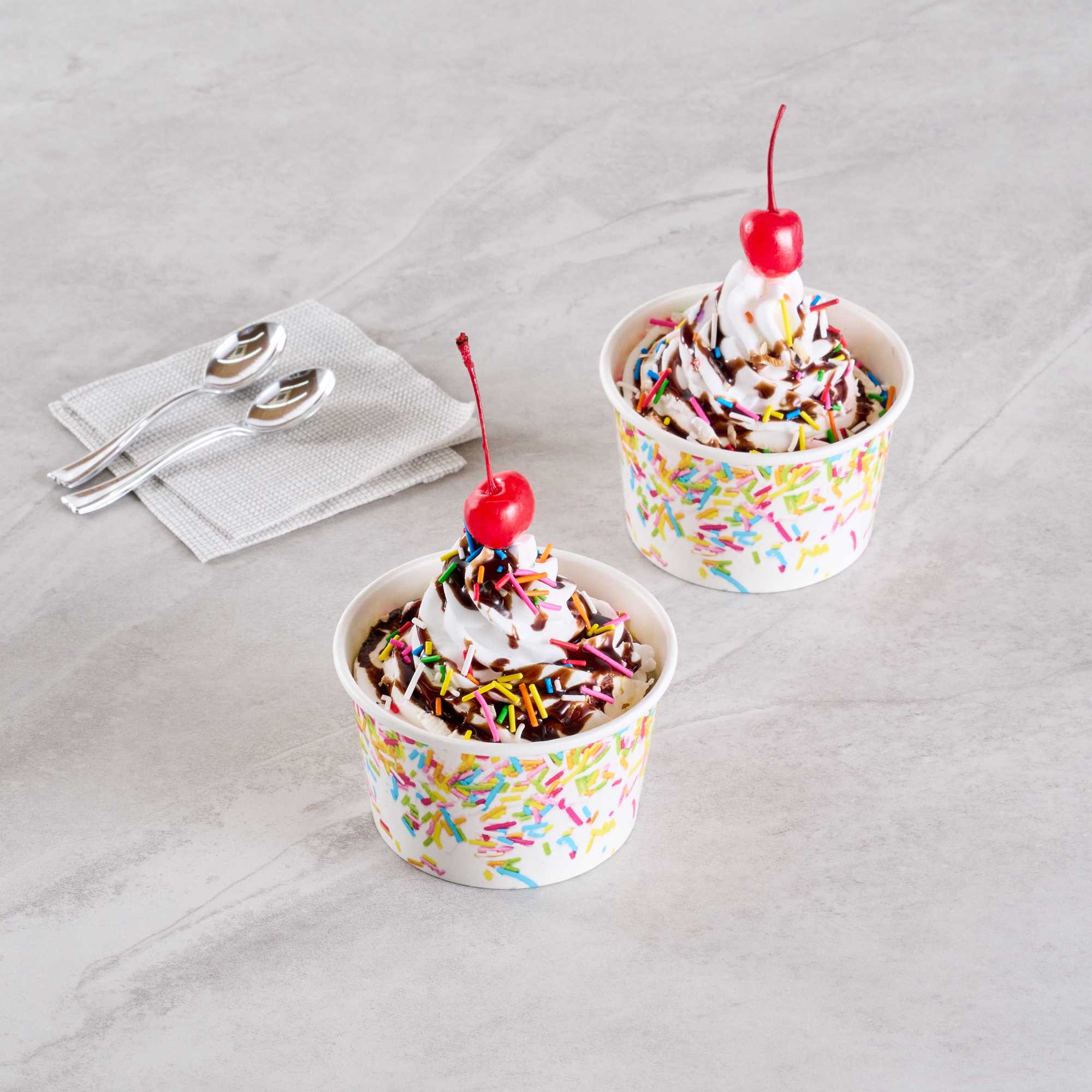Coppetta 8 oz Round White Paper To Go Cup - with Party Sprinkles - 3 3/4" x 3 3/4" x 2 1/4" - 50 count box