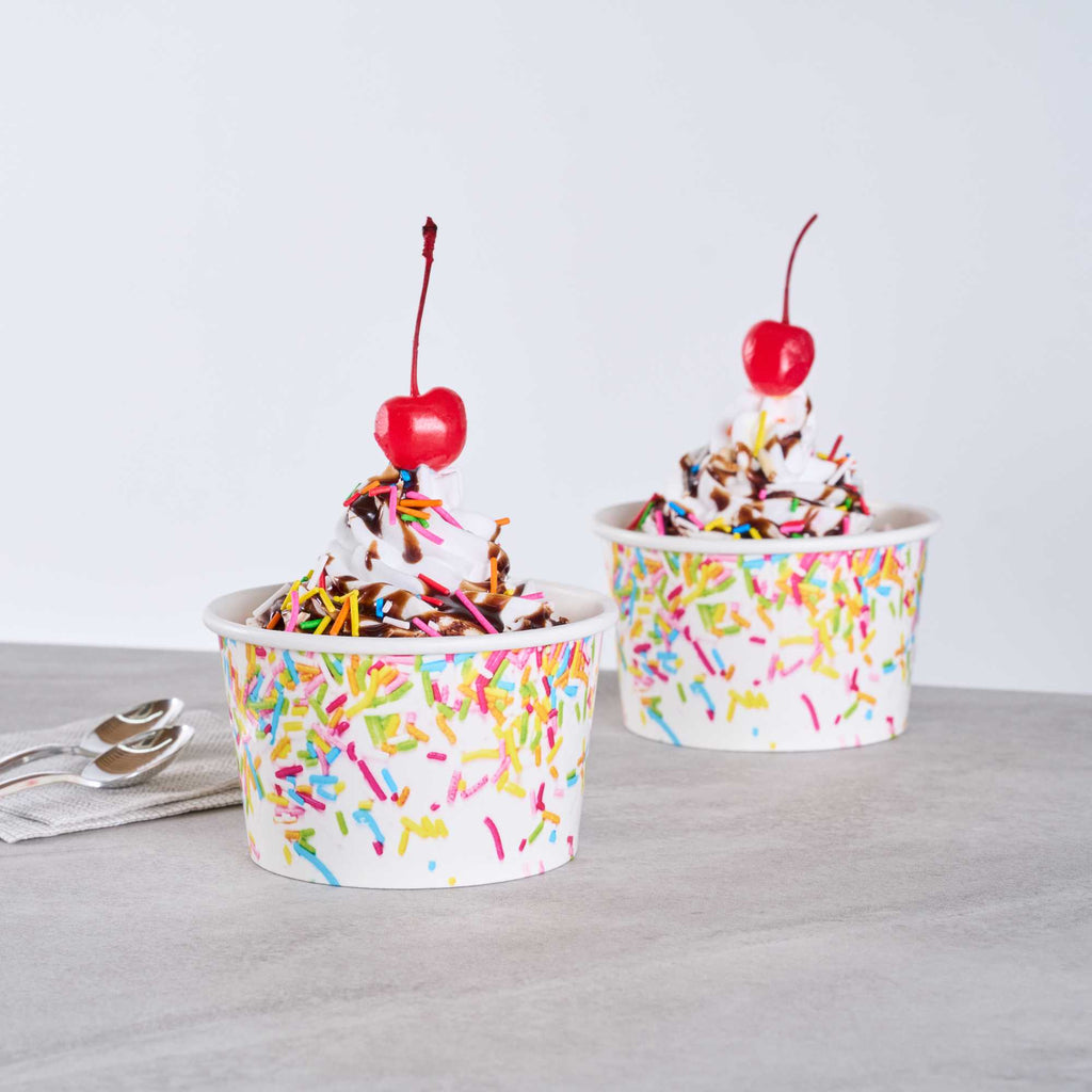 Coppetta 8 oz Round White Paper To Go Cup - with Party Sprinkles - 3 3/4" x 3 3/4" x 2 1/4" - 50 count box