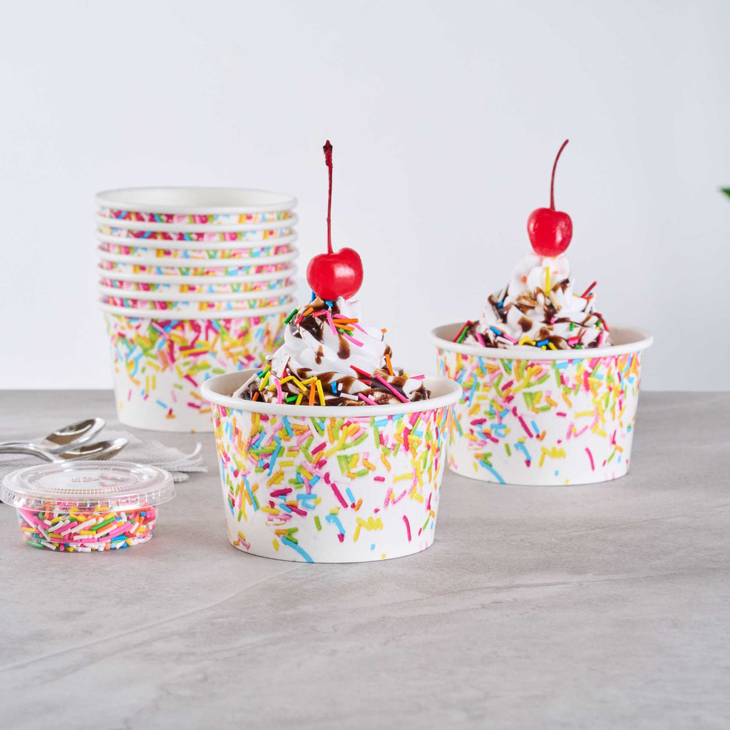 Coppetta 8 oz Round White Paper To Go Cup - with Party Sprinkles - 3 3/4" x 3 3/4" x 2 1/4" - 50 count box