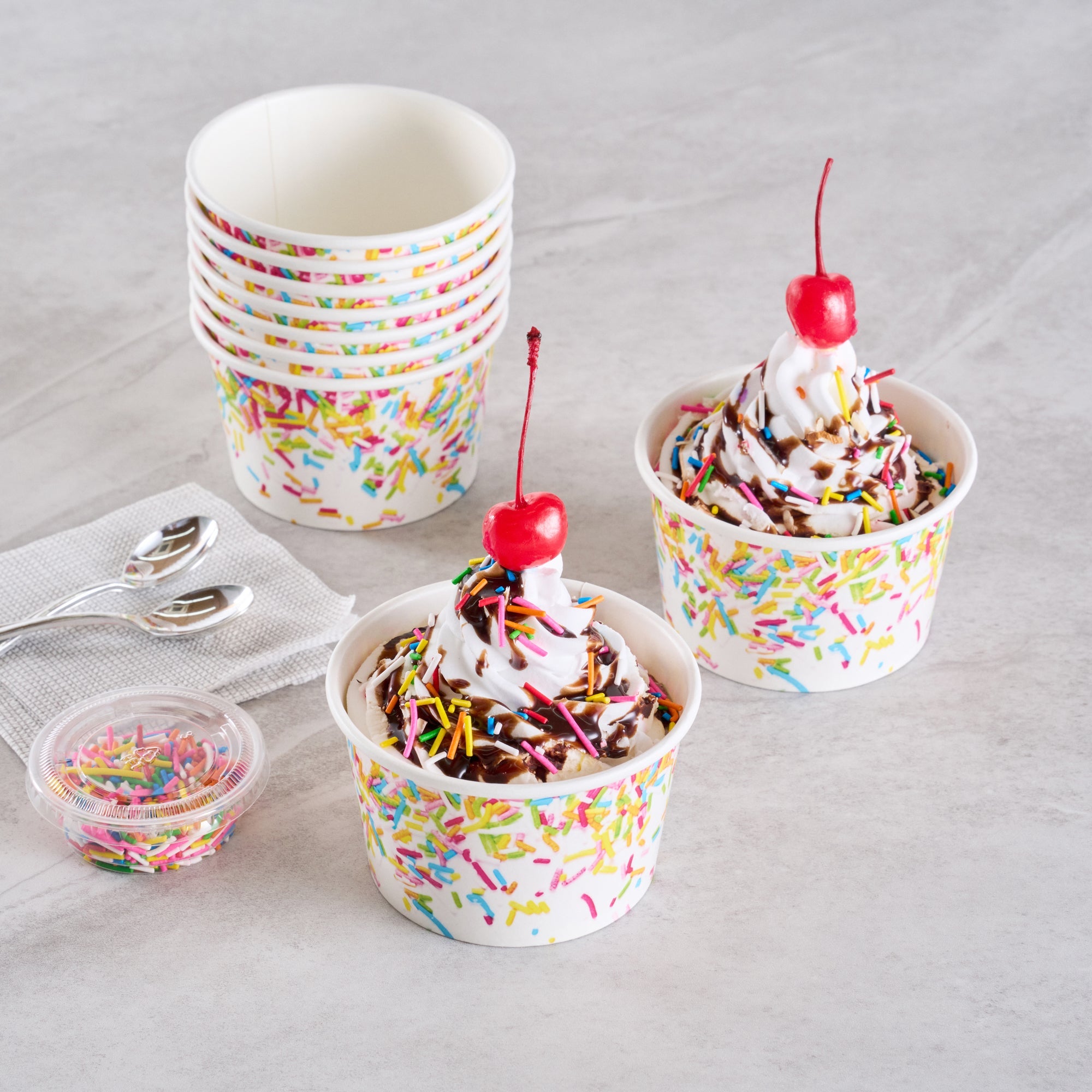 Coppetta 8 oz Round White Paper To Go Cup - with Party Sprinkles - 3 3/4" x 3 3/4" x 2 1/4" - 200 count box