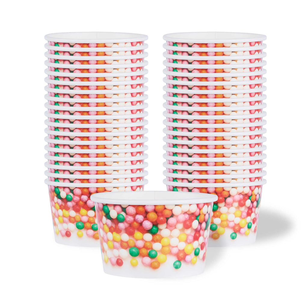 Coppetta 8 oz Round White Paper To Go Cup - with Round Sprinkles - 3 3/4" x 3 3/4" x 2 1/4" - 50 count box