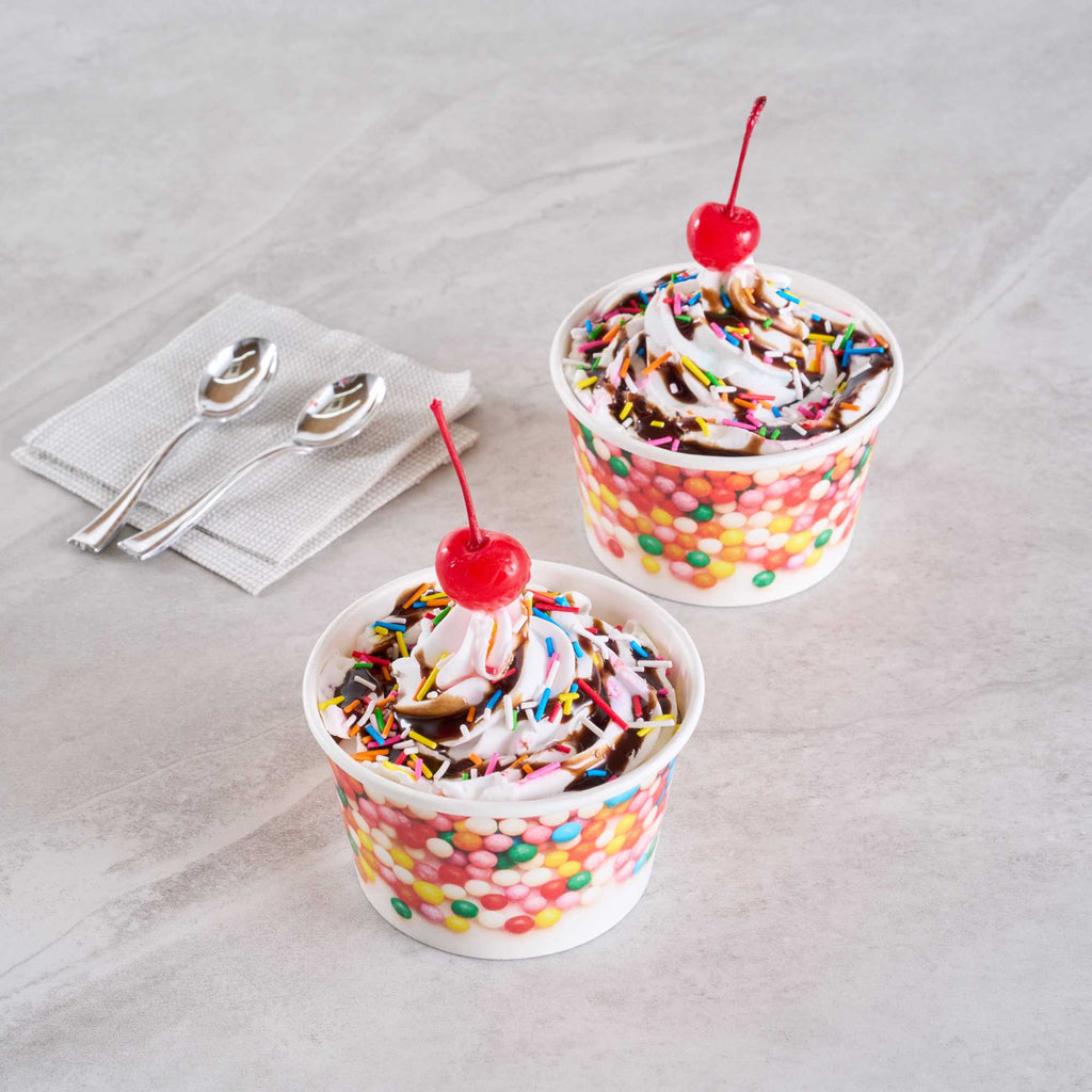 Coppetta 8 oz Round White Paper To Go Cup - with Round Sprinkles - 3 3/4" x 3 3/4" x 2 1/4" - 50 count box