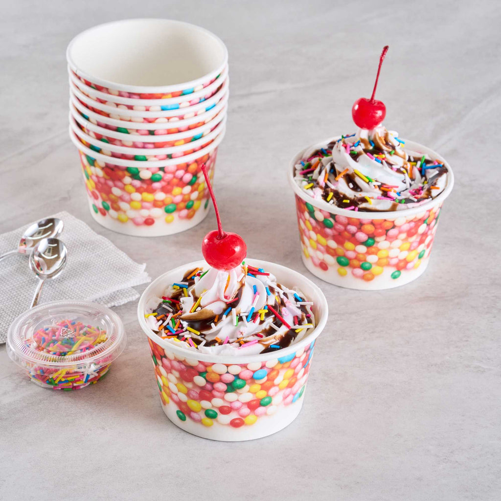 Coppetta 8 oz Round White Paper To Go Cup - with Round Sprinkles - 3 3/4" x 3 3/4" x 2 1/4" - 50 count box