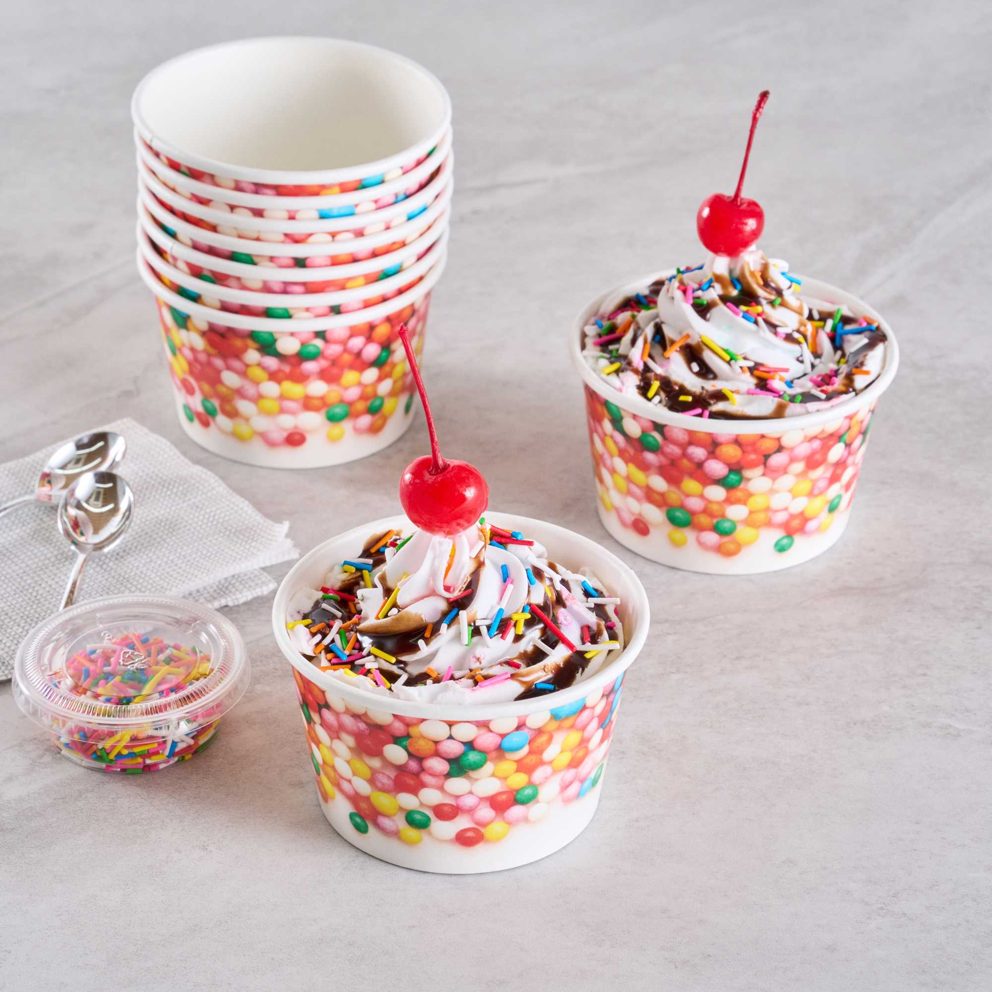Coppetta 8 oz Round White Paper To Go Cup - with Round Sprinkles - 3 3/4" x 3 3/4" x 2 1/4" - 50 count box