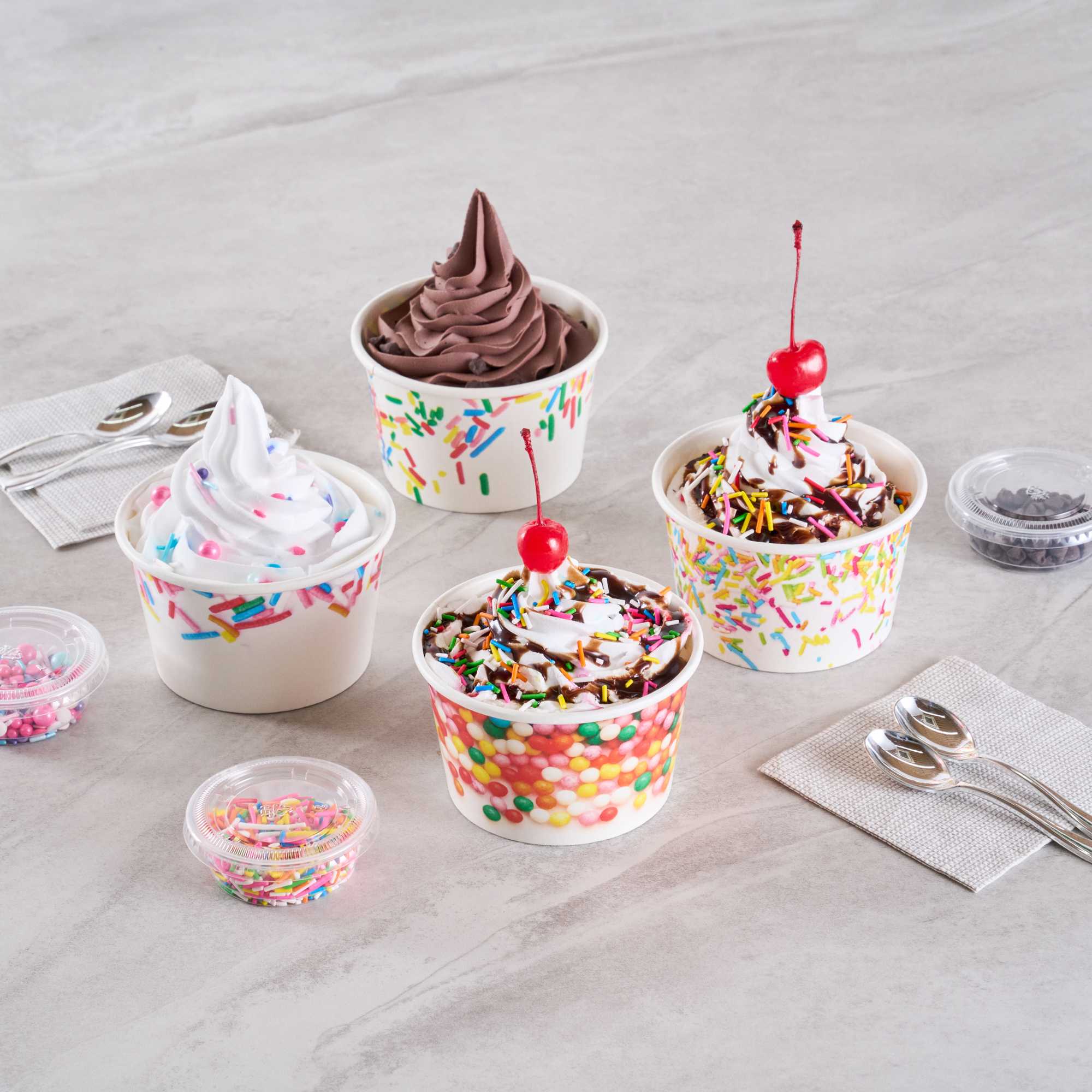 Coppetta 8 oz Round White Paper To Go Cup - with Round Sprinkles - 3 3/4" x 3 3/4" x 2 1/4" - 50 count box