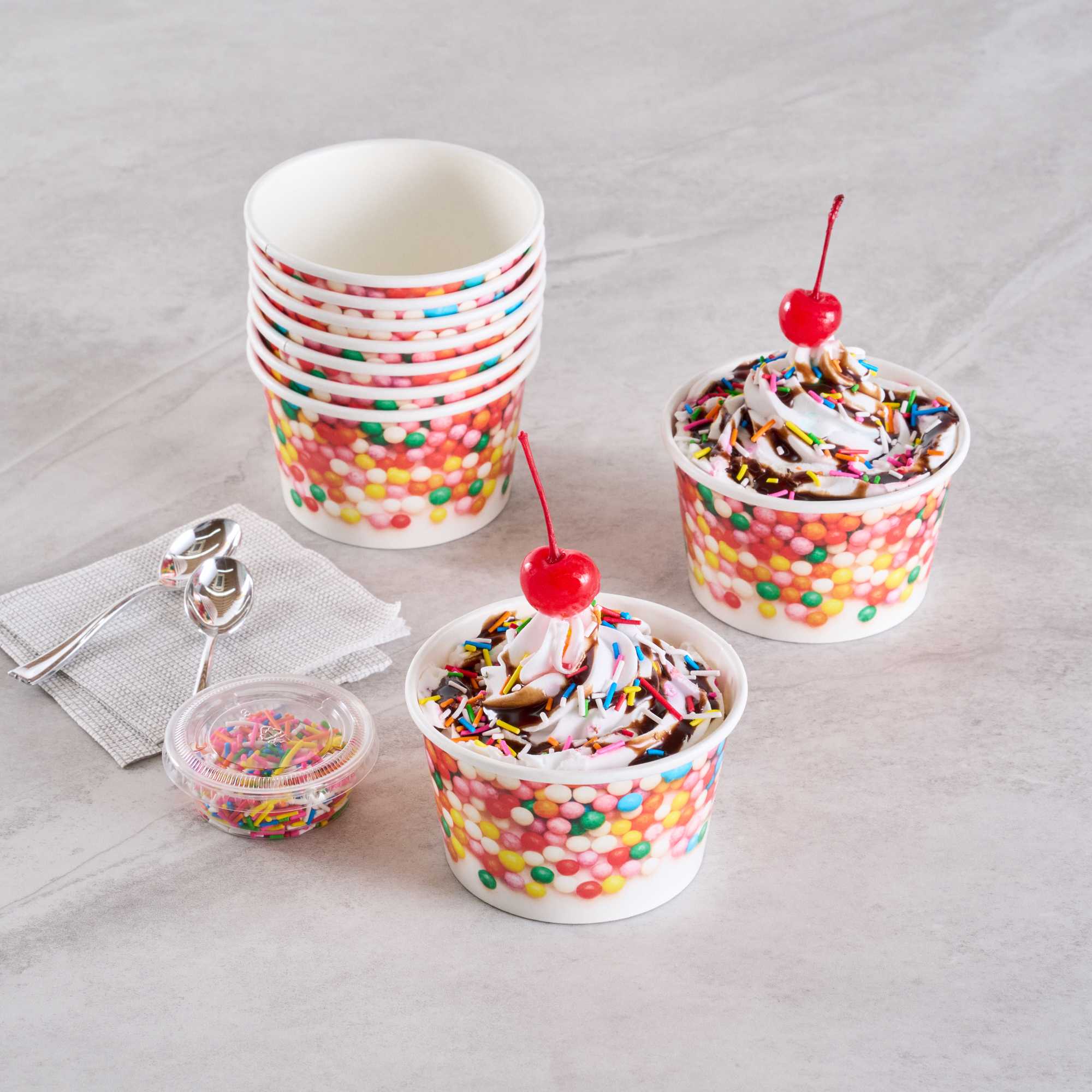 Coppetta 8 oz Round White Paper To Go Cup - with Round Sprinkles - 3 3/4" x 3 3/4" x 2 1/4" - 50 count box