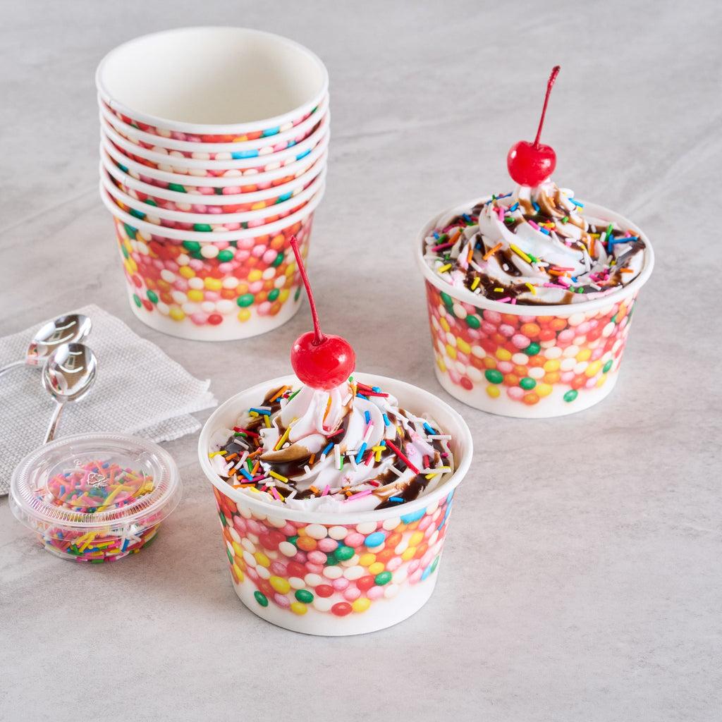 Coppetta 8 oz Round White Paper To Go Cup - with Round Sprinkles - 3 3/4" x 3 3/4" x 2 1/4" - 200 count box