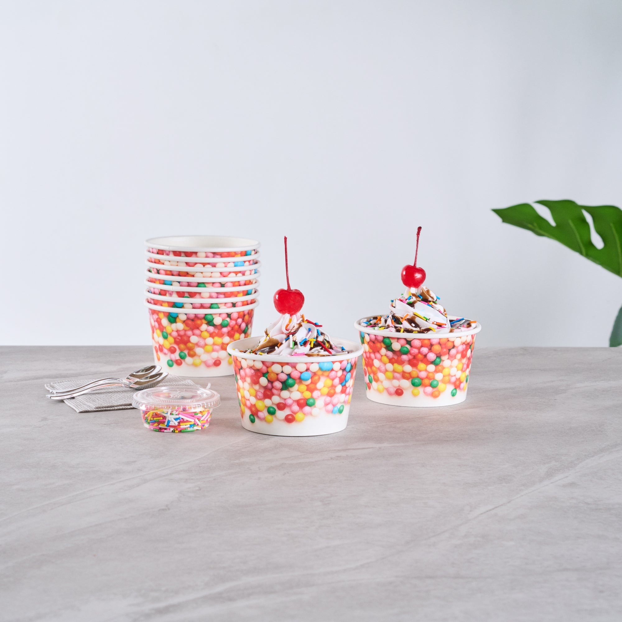Coppetta 8 oz Round White Paper To Go Cup - with Round Sprinkles - 3 3/4" x 3 3/4" x 2 1/4" - 200 count box