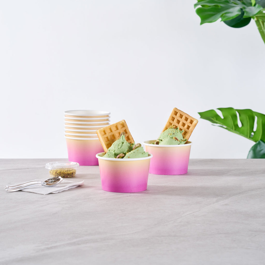 Coppetta 8 oz Round Purple and Yellow Ombre Paper To Go Cup - 3 3/4" x 3 3/4" x 2 1/4" - 200 count box