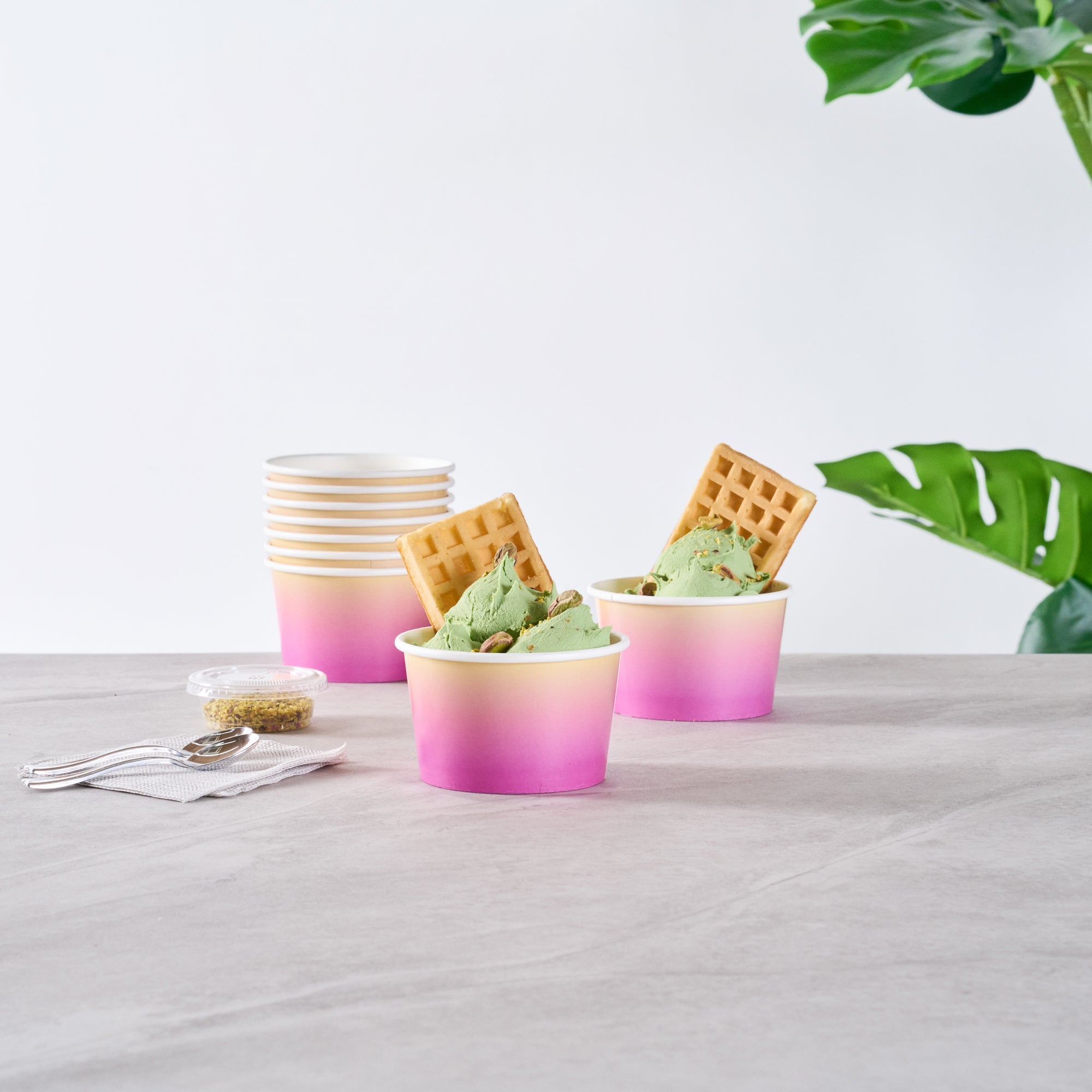 Coppetta 8 oz Round Purple and Yellow Ombre Paper To Go Cup - 3 3/4" x 3 3/4" x 2 1/4" - 200 count box