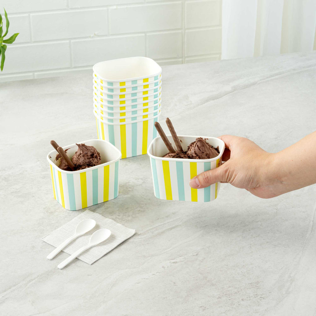 Coppetta 12 oz Square Blue And Green Stripe Paper To Go Cup - 4 1/4" x 3 1/4" x 2 3/4" - 50 count box