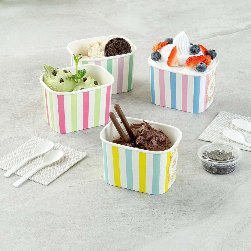 Coppetta 12 oz Square Blue And Green Stripe Paper To Go Cup - 4 1/4" x 3 1/4" x 2 3/4" - 50 count box