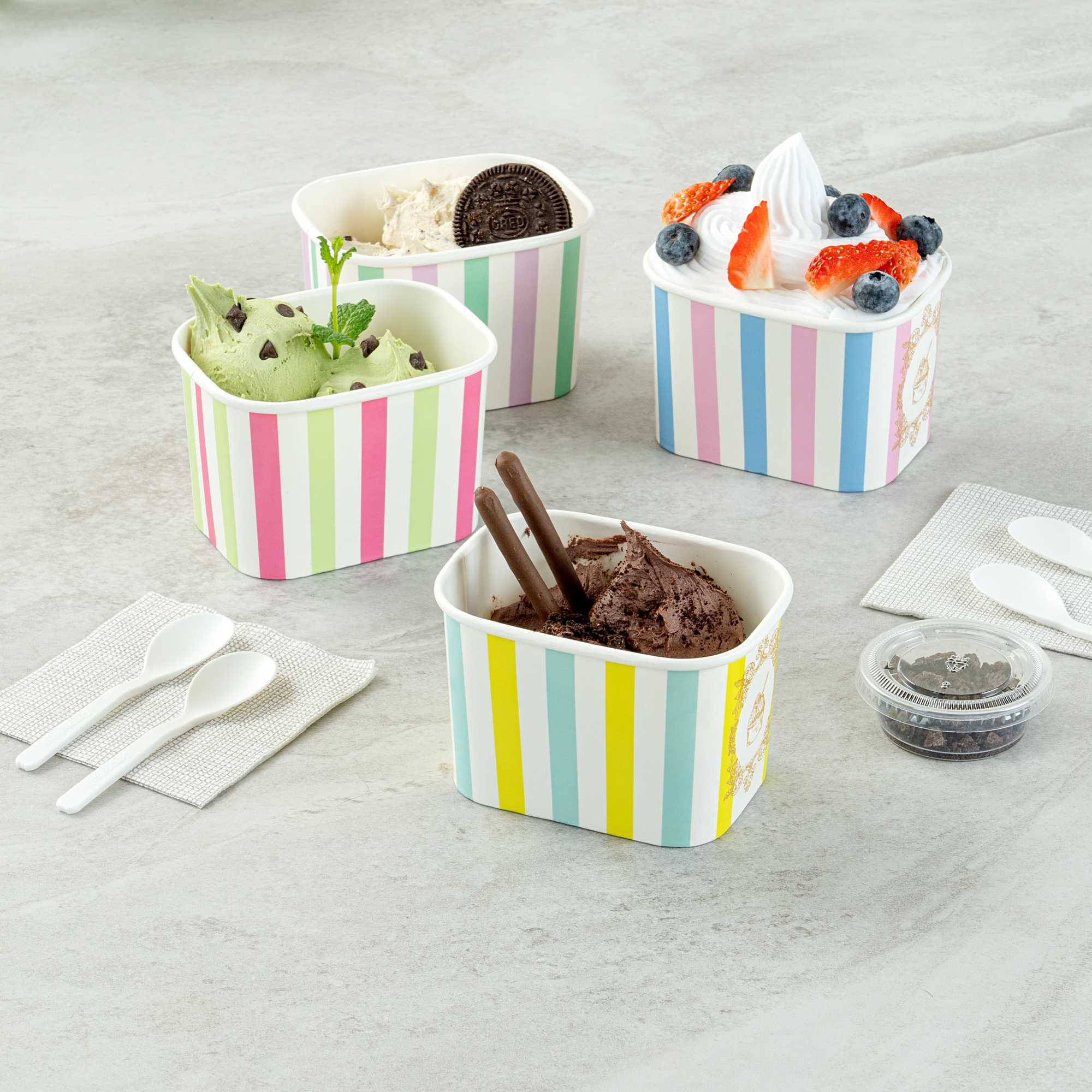 Coppetta 12 oz Square Blue And Green Stripe Paper To Go Cup - 4 1/4" x 3 1/4" x 2 3/4" - 50 count box