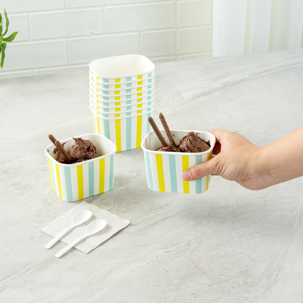 Coppetta 12 oz Square Blue And Green Stripe Paper To Go Cup - 4 1/4" x 3 1/4" x 2 3/4" - 200 count box