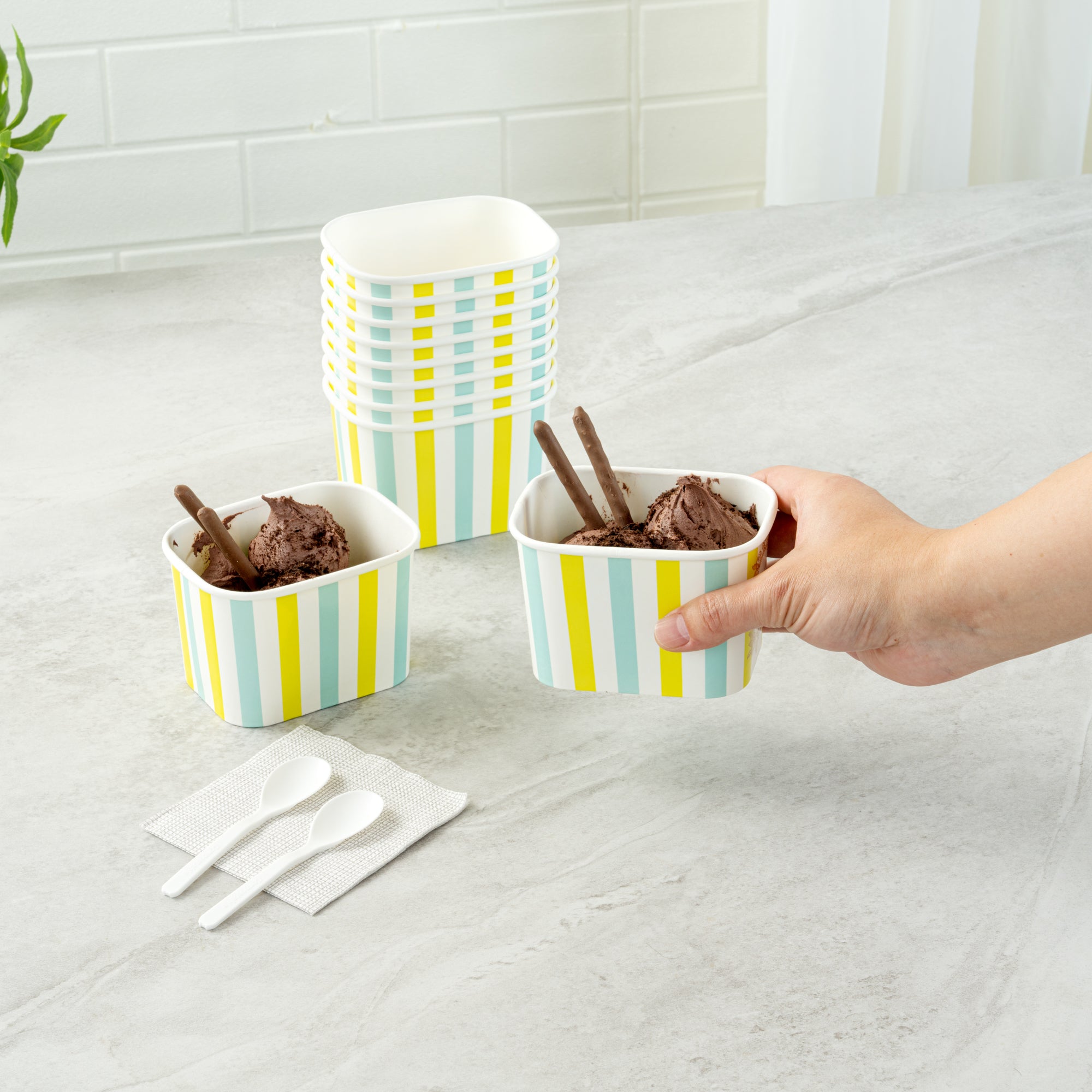 Coppetta 12 oz Square Blue And Green Stripe Paper To Go Cup - 4 1/4" x 3 1/4" x 2 3/4" - 200 count box