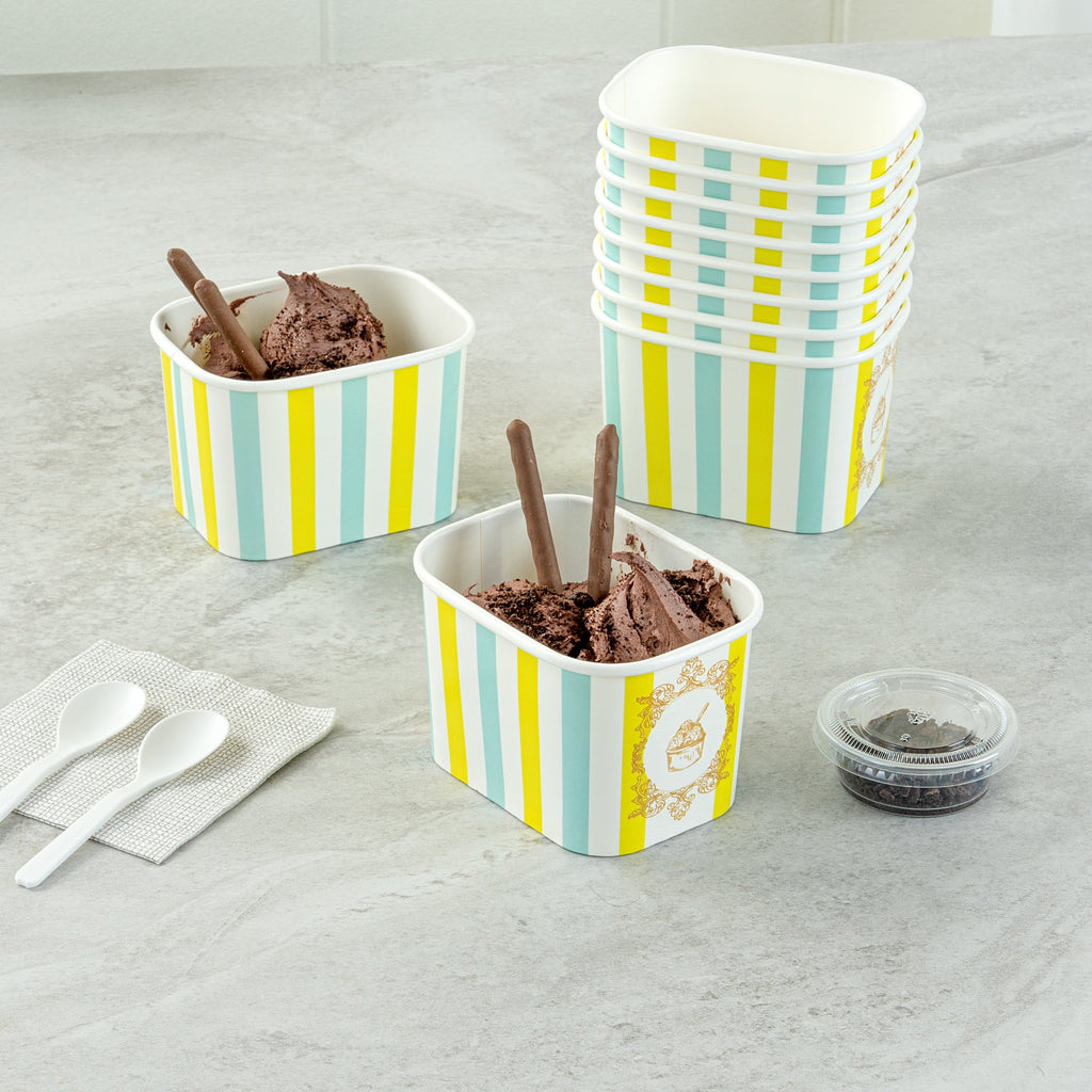 Coppetta 12 oz Square Blue And Green Stripe Paper To Go Cup - 4 1/4" x 3 1/4" x 2 3/4" - 200 count box