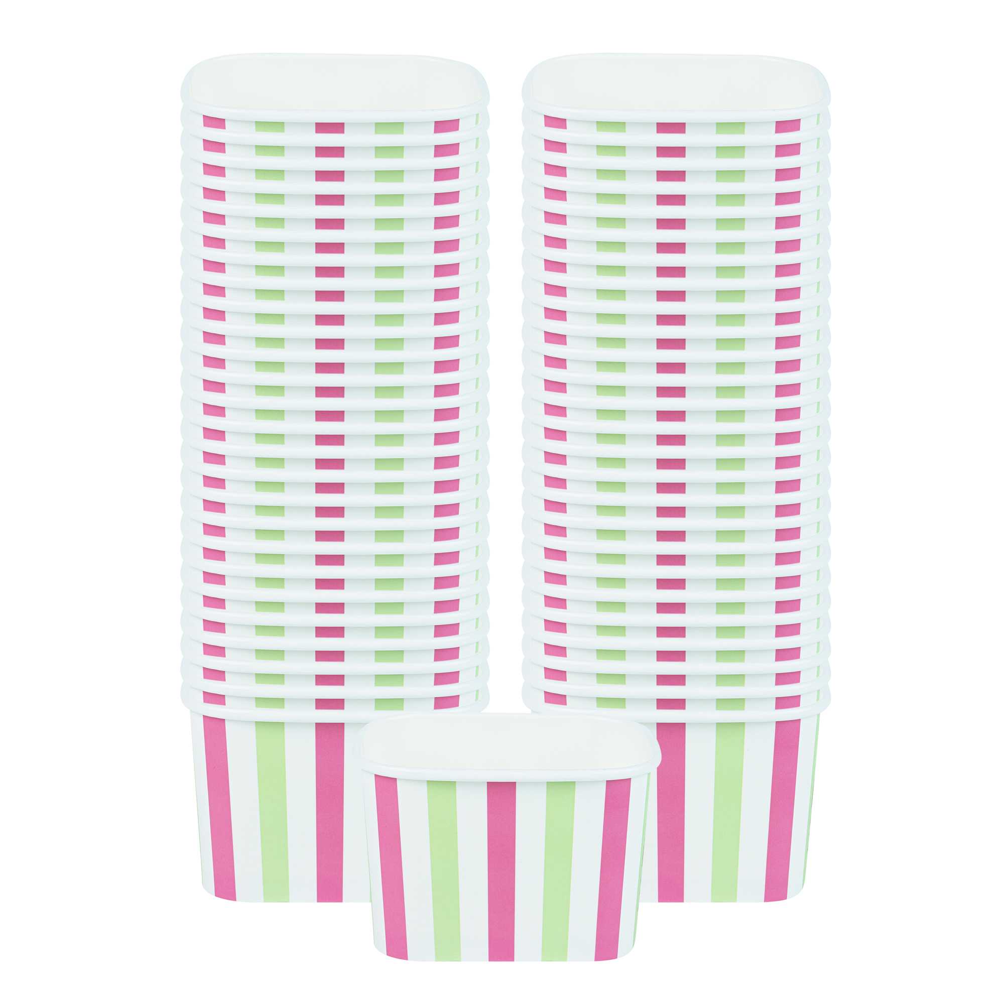 Coppetta 12 oz Square Green And Pink Stripe Paper To Go Cup - 4 1/4" x 3 1/4" x 2 3/4" - 50 count box