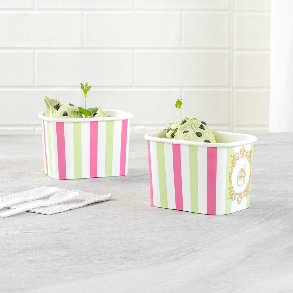 Coppetta 12 oz Square Green And Pink Stripe Paper To Go Cup - 4 1/4" x 3 1/4" x 2 3/4" - 50 count box